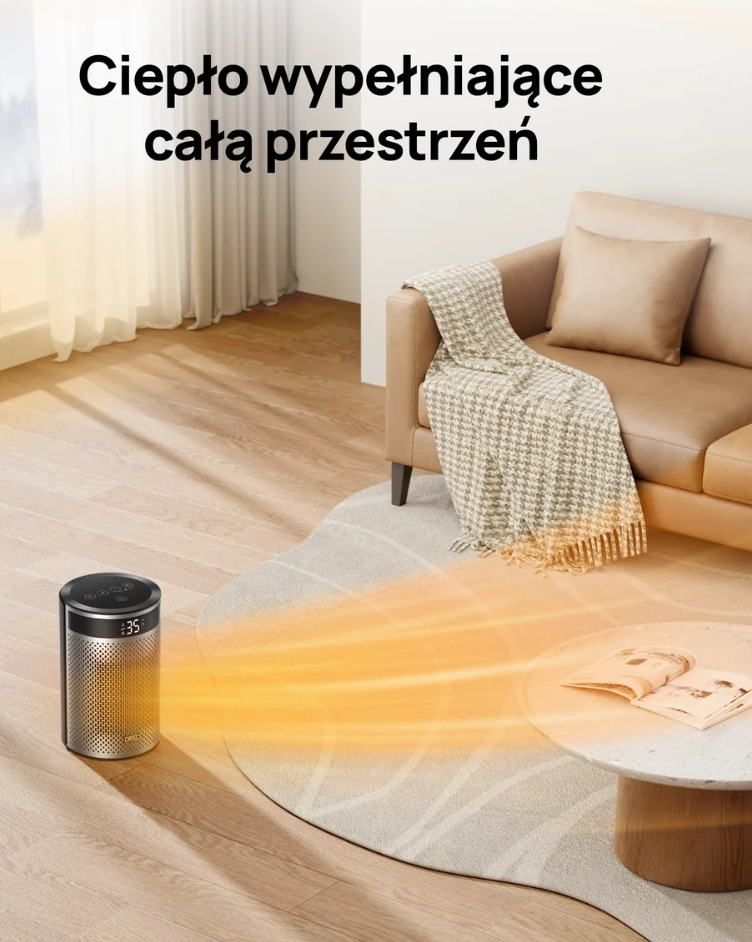 Cylindryczny grzejnik stoi na drewnianej podłodze, emitując pomarańczowe fale ciepła do jasnego salonu.