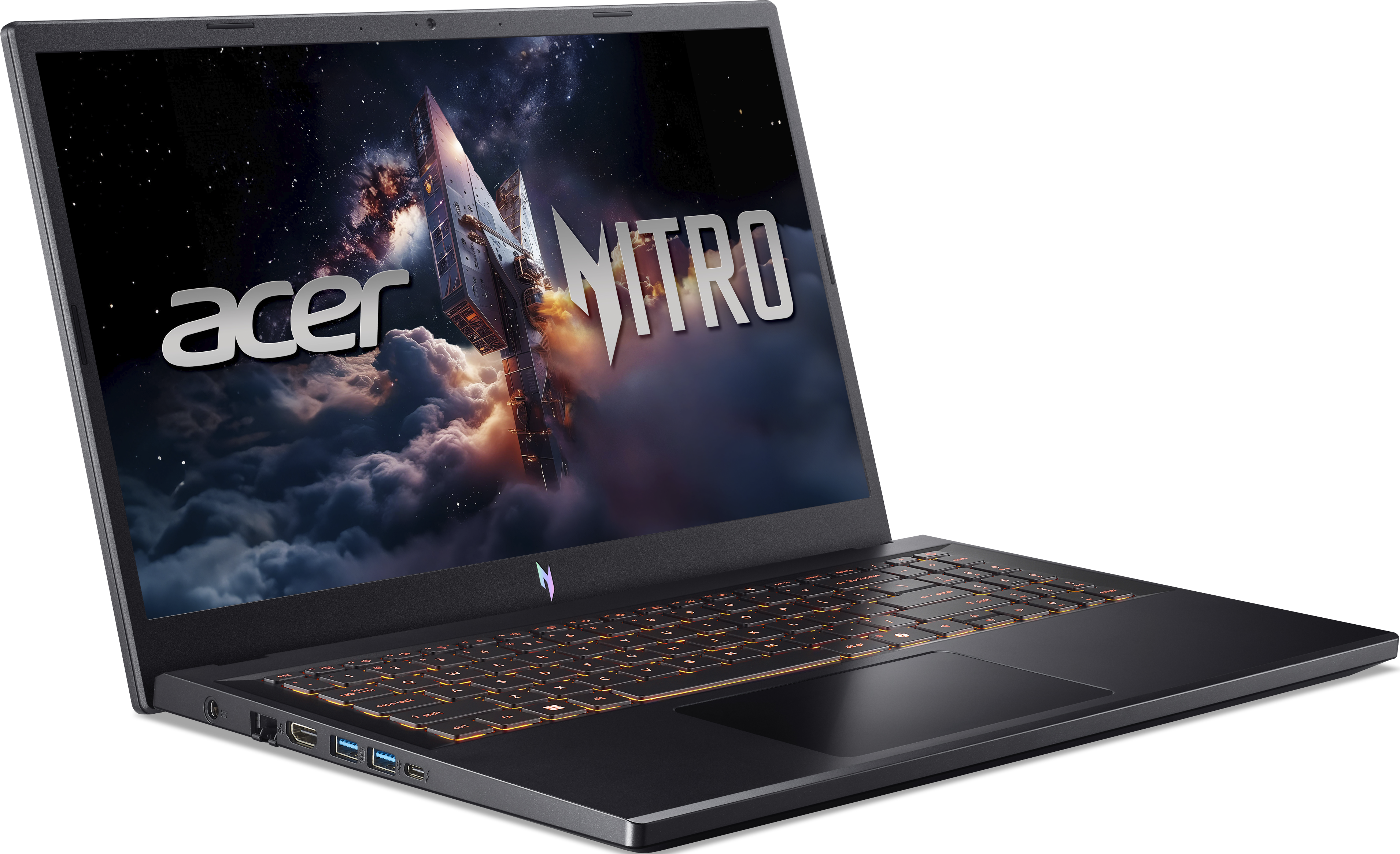 Laptop da gioco Acer Nitro su sfondo nero con tastiera illuminata e sfondo spaziale.
