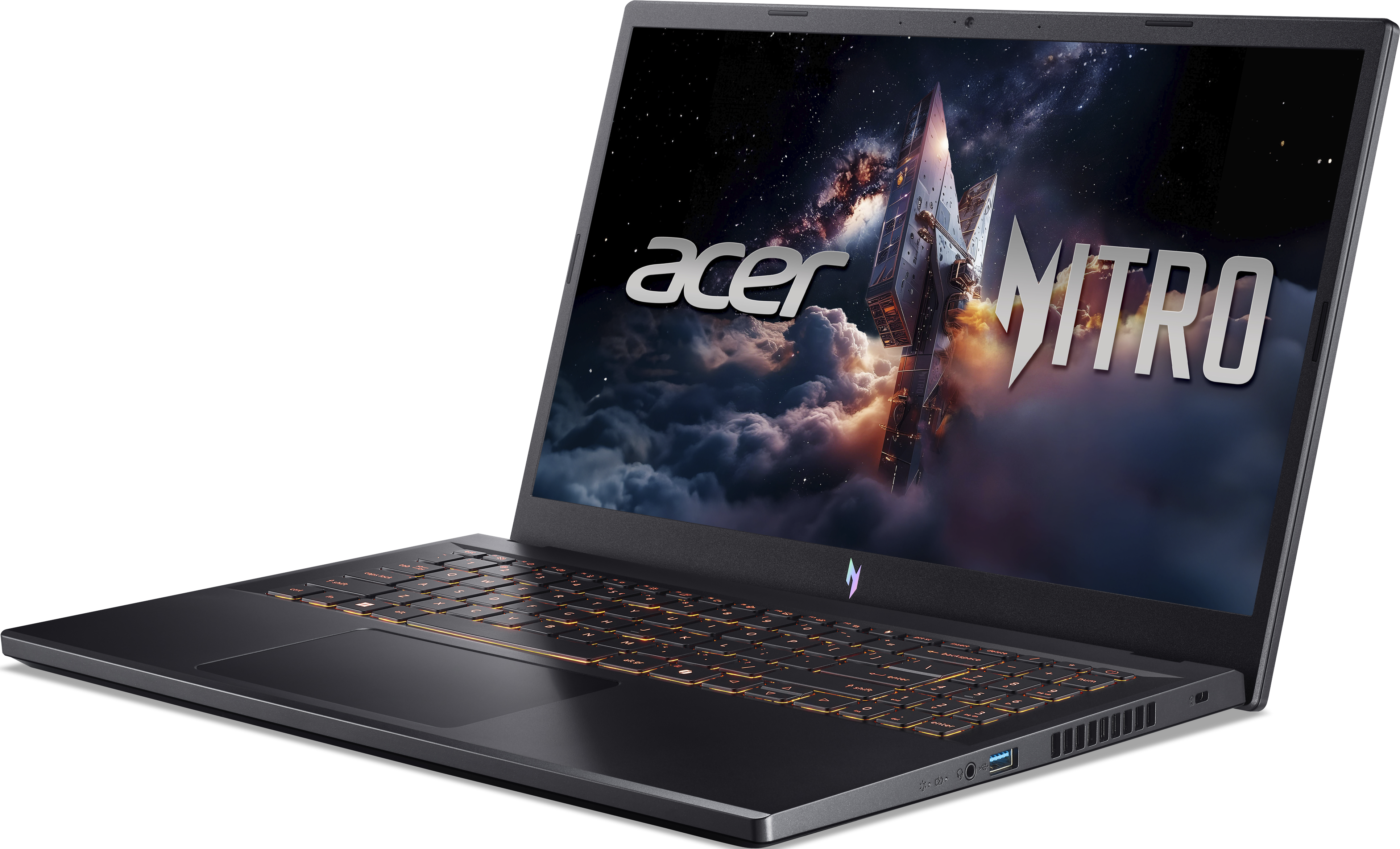 Laptop da gioco Acer Nitro con tastiera illuminata su sfondo nero.