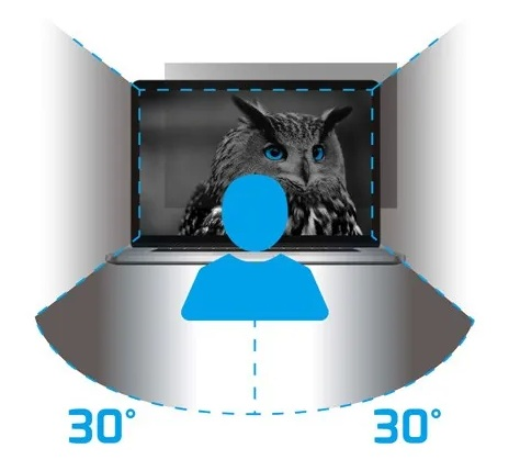 Diagram przedstawia laptop z filtrem prywatności i znacznikami kąta 30 stopni.