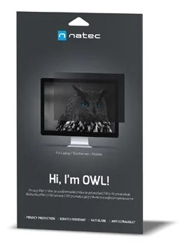 Filtr prywatności Natec do monitorów w ciemnoszarym opakowaniu z wizerunkiem sowy i napisem Hi, I'm OWL!.