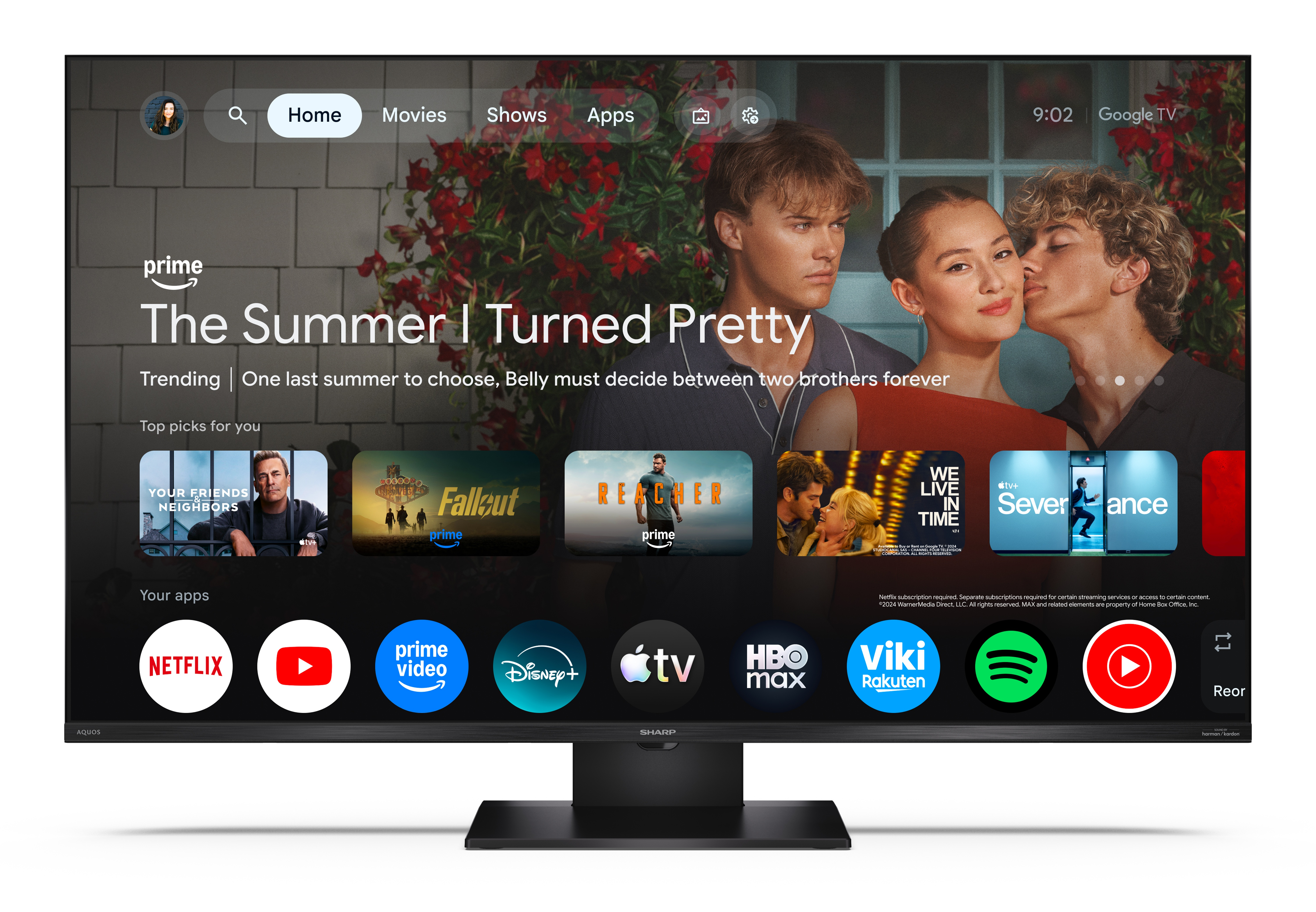 Ekran smart TV przedstawiający stronę główną Prime Video z plakatem serialu i ikonami aplikacji.