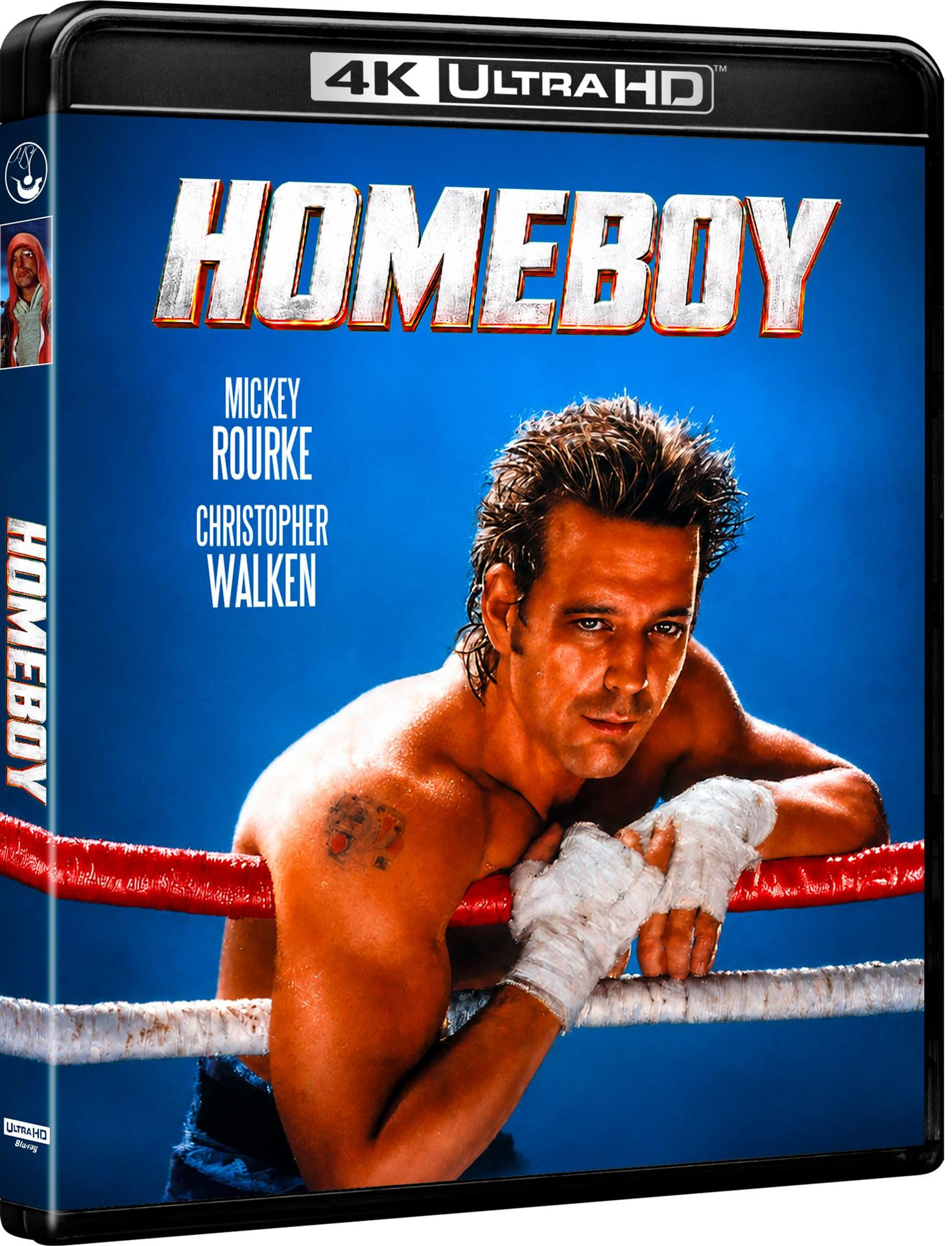 Mickey Rourke als Boxer mit gewickelten Händen lehnt sich gegen Ringseile auf dem Homeboy 4K Ultra HD Cover.