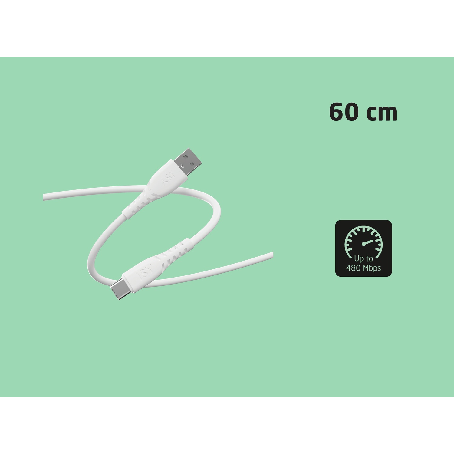 Cavo USB bianco da 60 cm con 480 Mbps su sfondo verde.