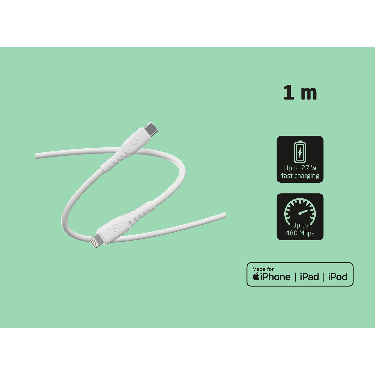 Cavo di ricarica bianco da USB-C a Lightning, 1 m, con icone per ricarica rapida, trasferimento dati e compatibilità Apple.