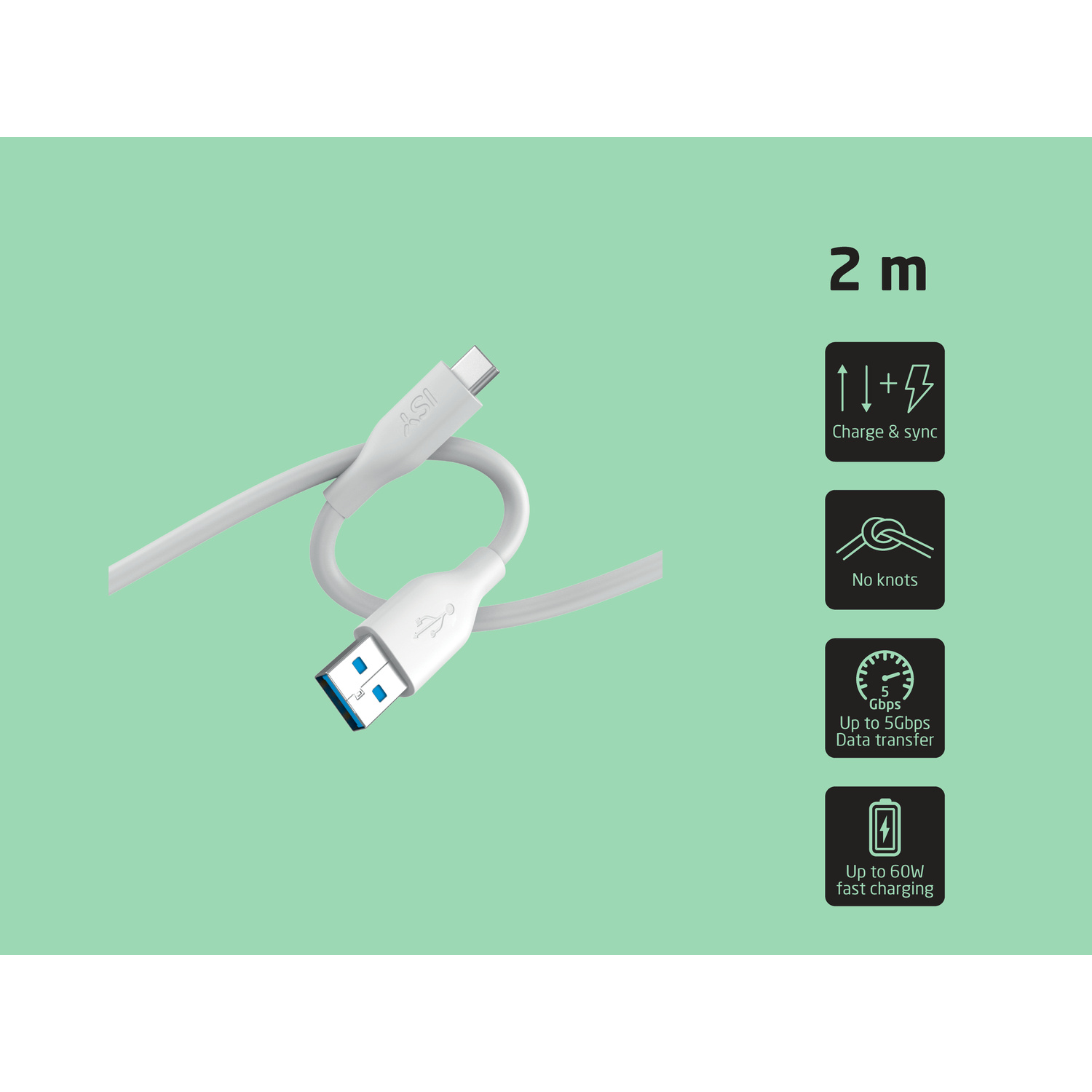 Un cavo bianco da USB-A a USB-C su sfondo verde con icone delle funzioni.