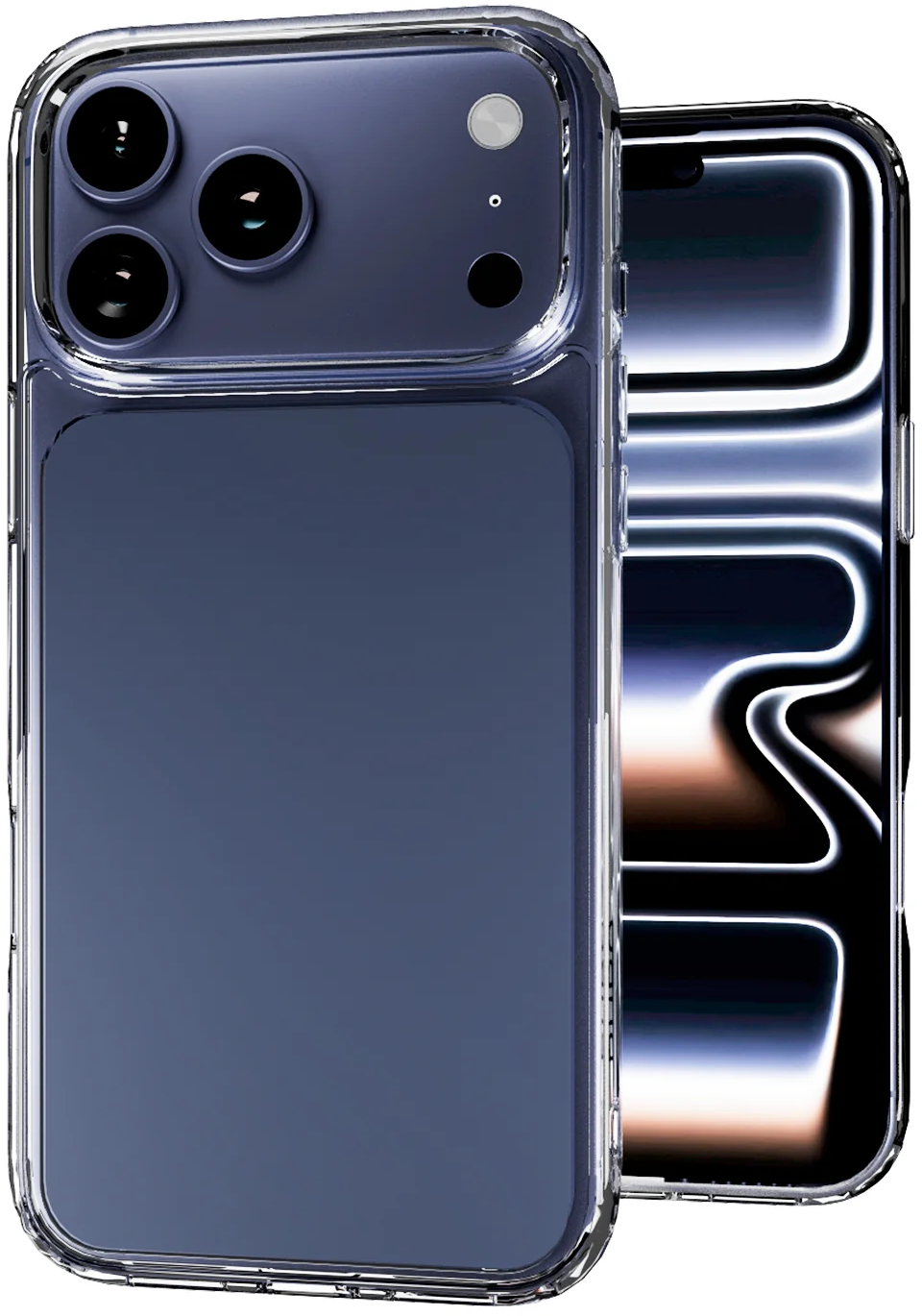 Dunkles Smartphone mit transparenter Schutzhülle, dreifacher Rückkamera und hellem Display.