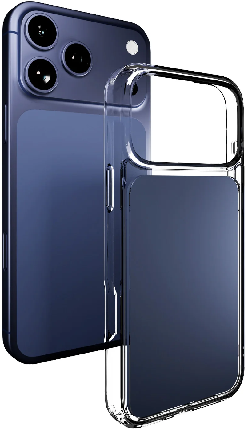 Ein blaues Smartphone mit dreifachem Kamera-Setup und einer transparenten Schutzhülle daneben.