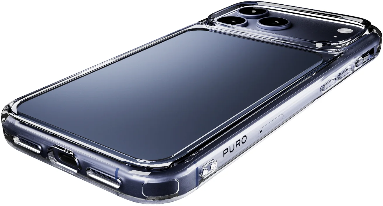Ein elegantes dunkles Smartphone in einer klaren Schutzhülle, angewinkelt auf weißem Grund.
