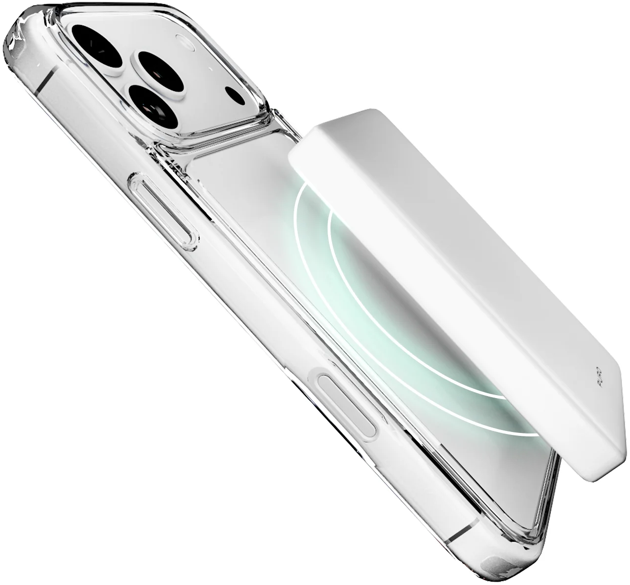 Eine weiße Powerbank lädt ein Smartphone in einer klaren Schutzhülle kabellos auf.
