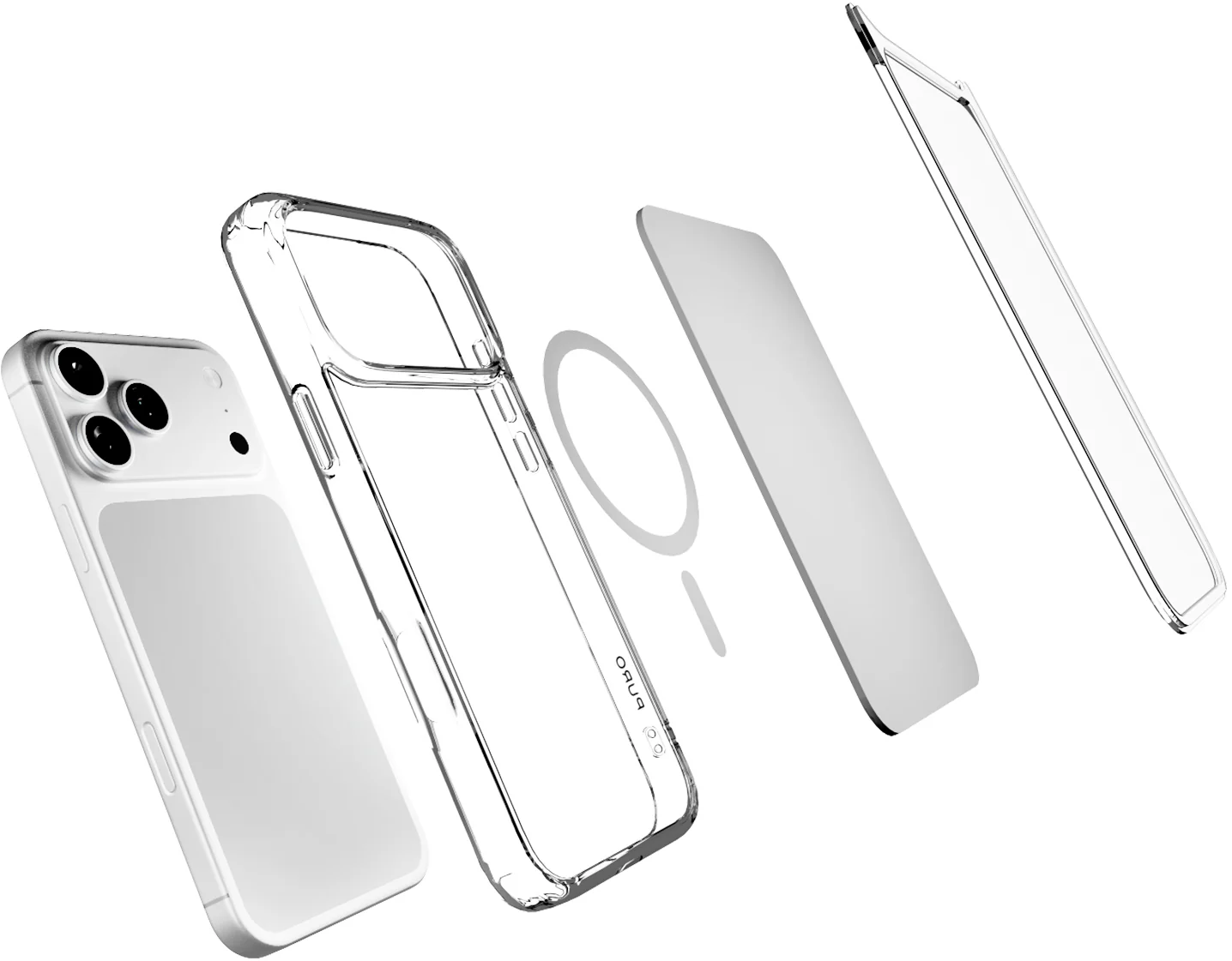 Explosionsdarstellung eines Smartphones mit transparenter Schutzhülle, MagSafe-Ring und Zubehörteilen auf weiß.