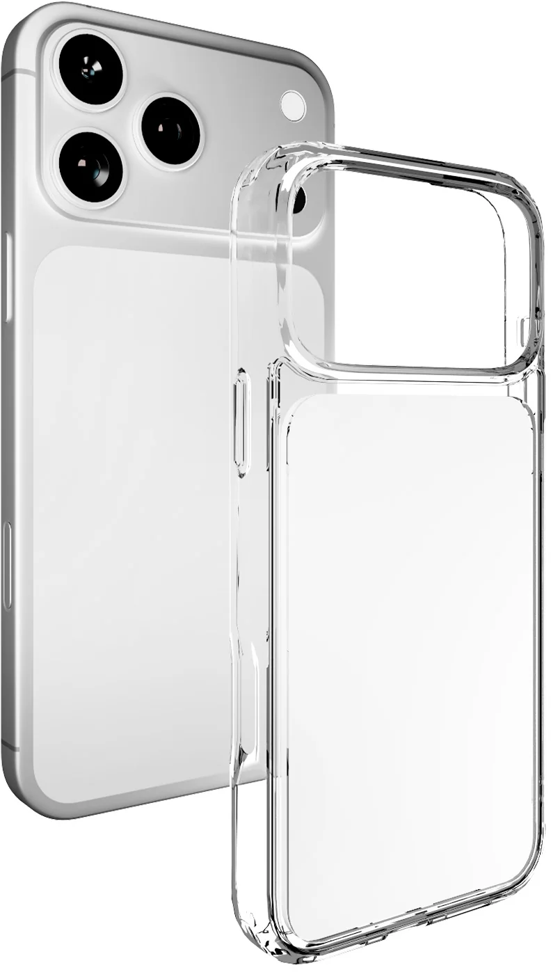 Ein silbernes Smartphone mit Dreifachkamera und eine transparente Schutzhülle stehen auf weißem Hintergrund.