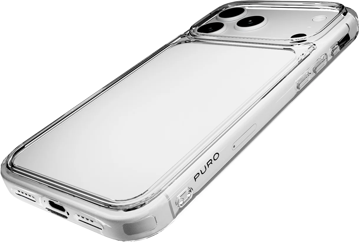 Transparente Handyhülle auf einem Smartphone, mit sichtbaren Tasten und Kameraaussparung auf weißem Hintergrund.