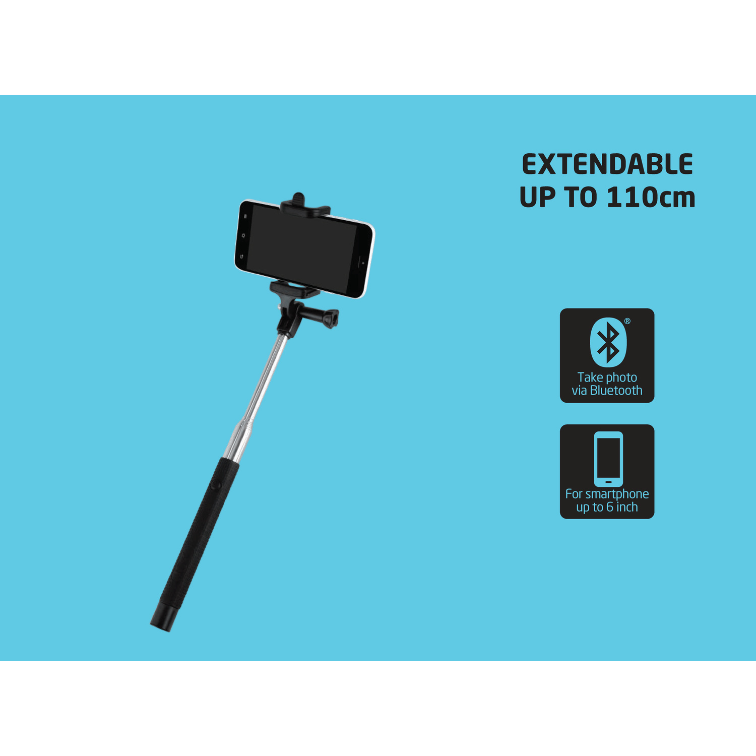 Un selfie stick estendibile con Bluetooth e supporto per smartphone su sfondo blu.