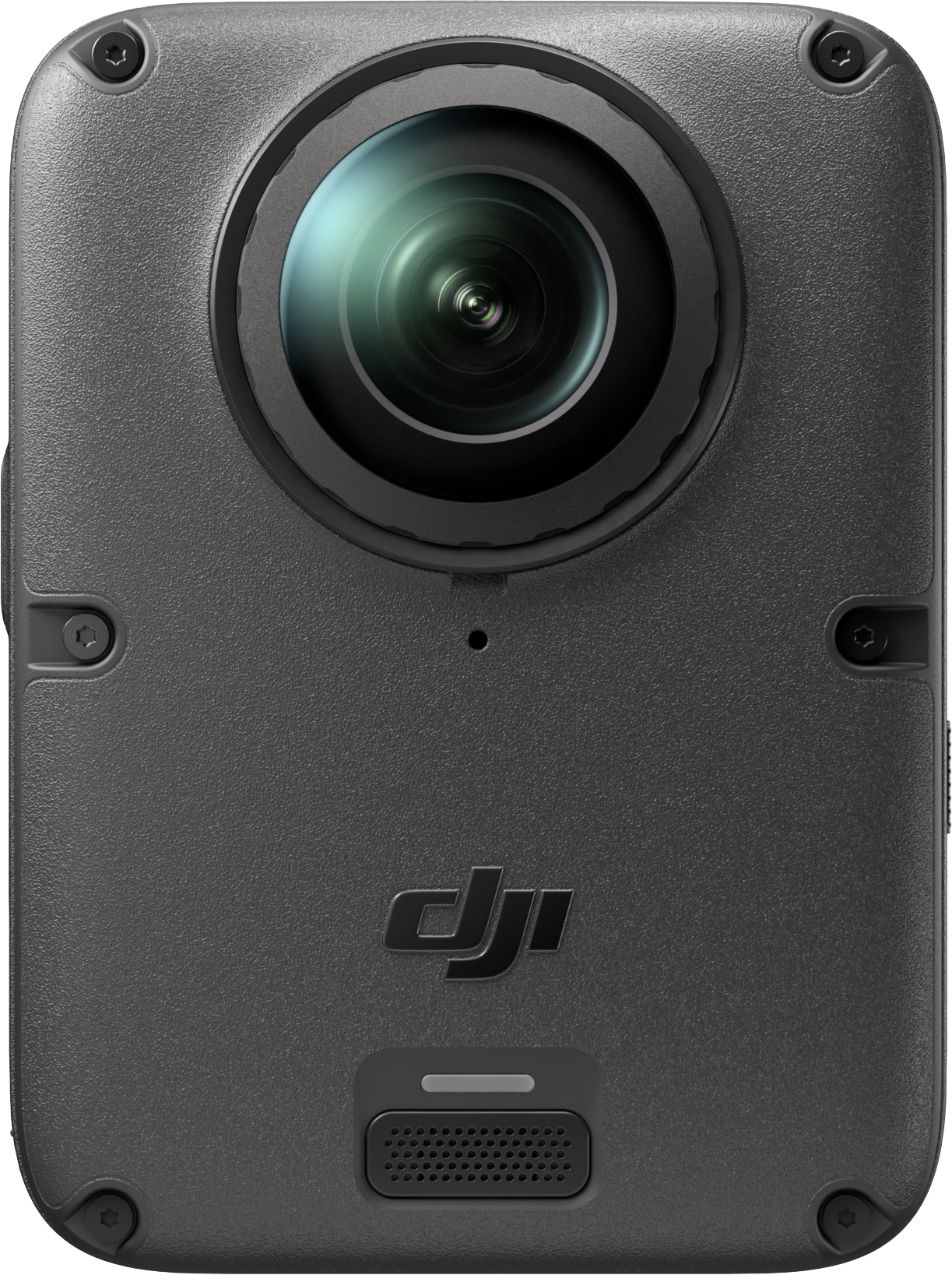 Frontansicht einer grauen DJI-Kamera mit großer Linse, Schrauben an den Ecken und dem DJI-Logo unten.