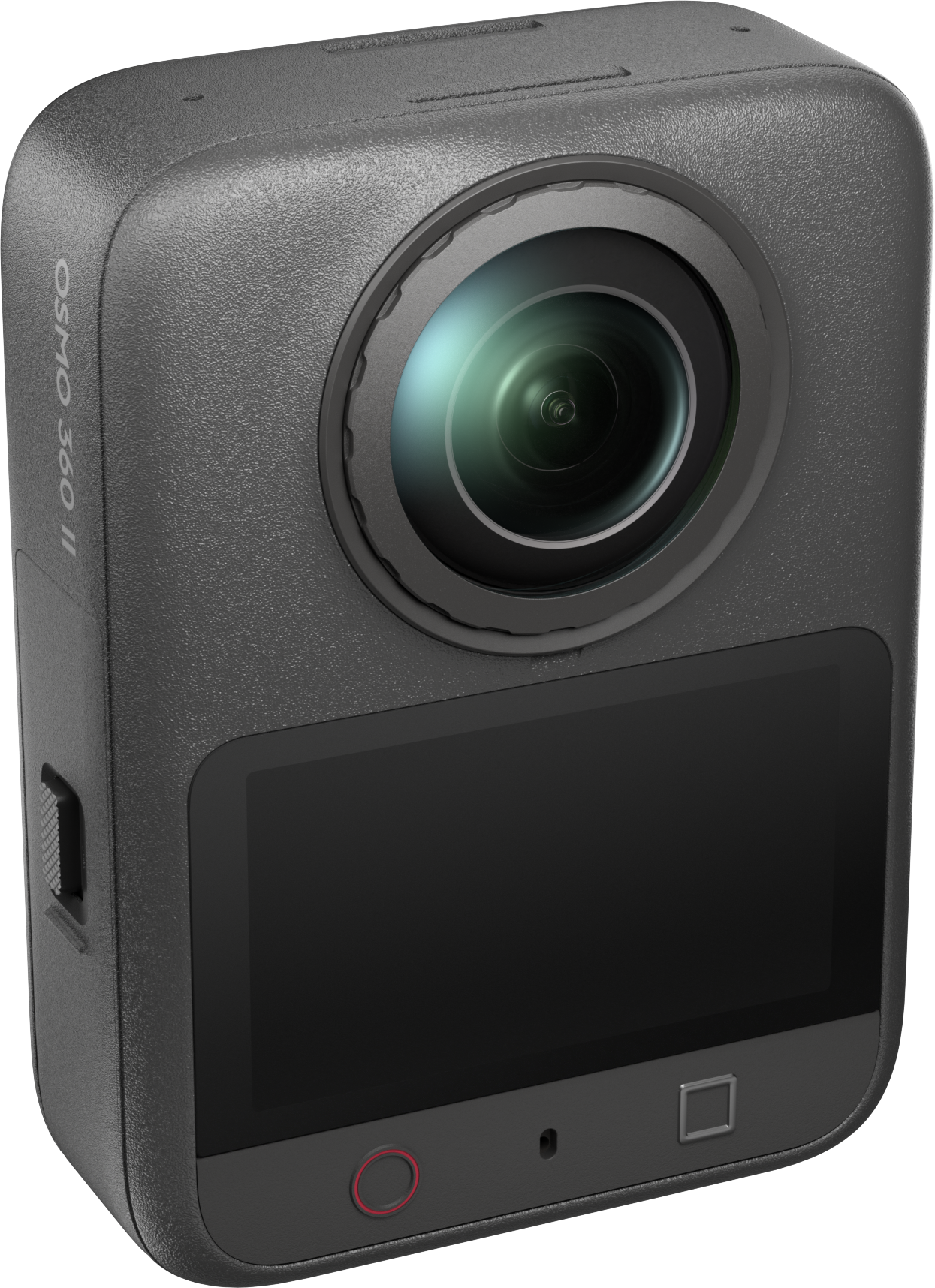Eine graue Osmo 360 II Action-Kamera mit großer Linse und Display auf schwarzem Hintergrund.