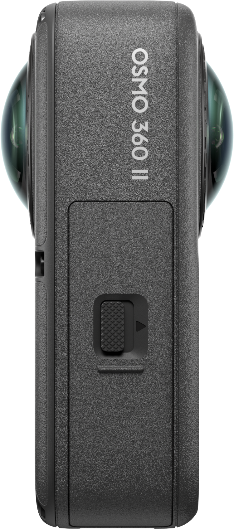 Seitenansicht der Osmo 360 II Kamera mit Text, Schalter und abgerundeten Linsen auf schwarzem Hintergrund.