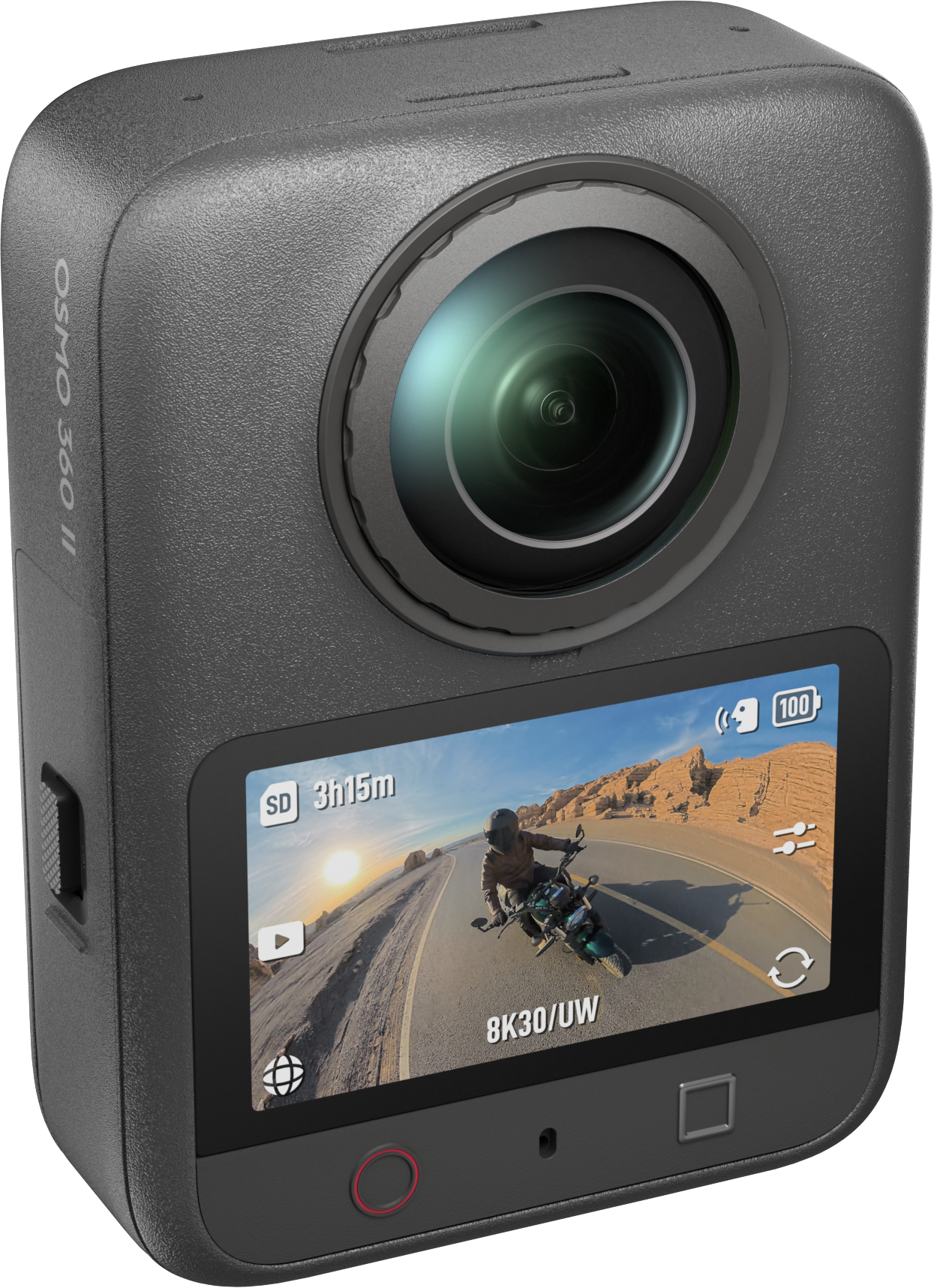 Graue Osmo 360 II Action-Kamera mit Linse und Bildschirm, der einen Motorradfahrer in felsiger Landschaft zeigt.