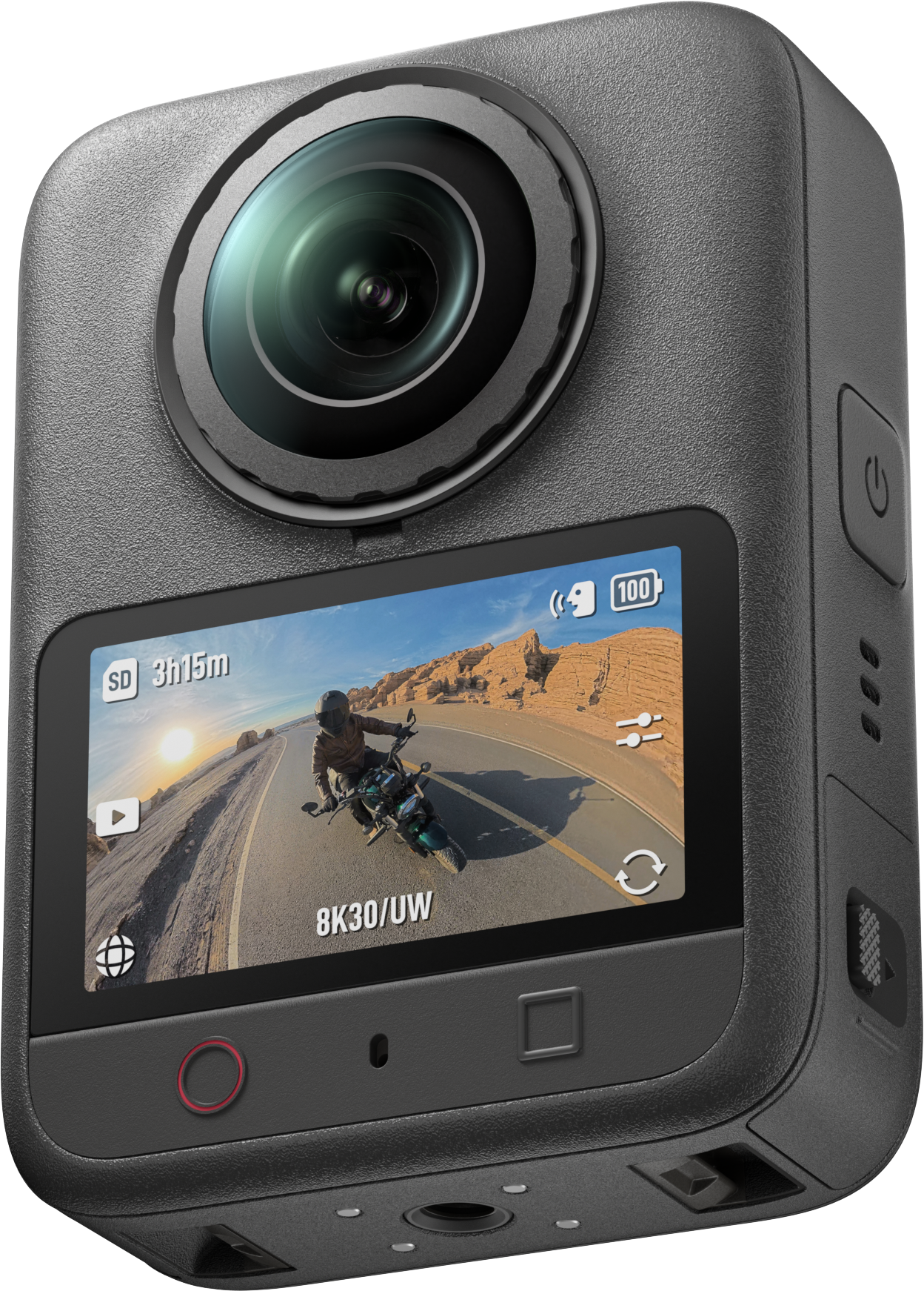 Graue Action-Kamera mit großem Objektiv und Display, das einen Motorradfahrer in einer Wüstenlandschaft zeigt.