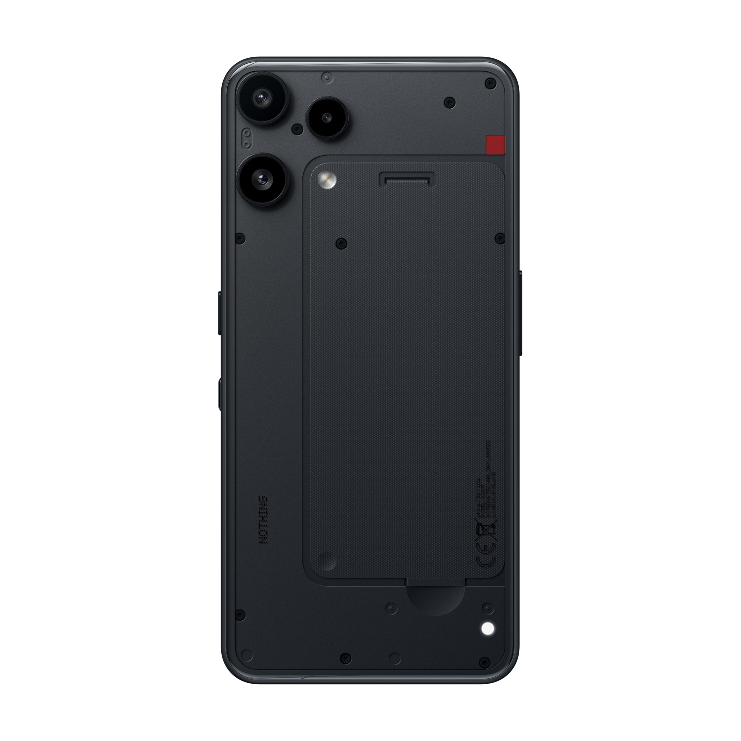 Retro di uno smartphone nero con doppia fotocamera, pannello centrale testurizzato e viti visibili.
