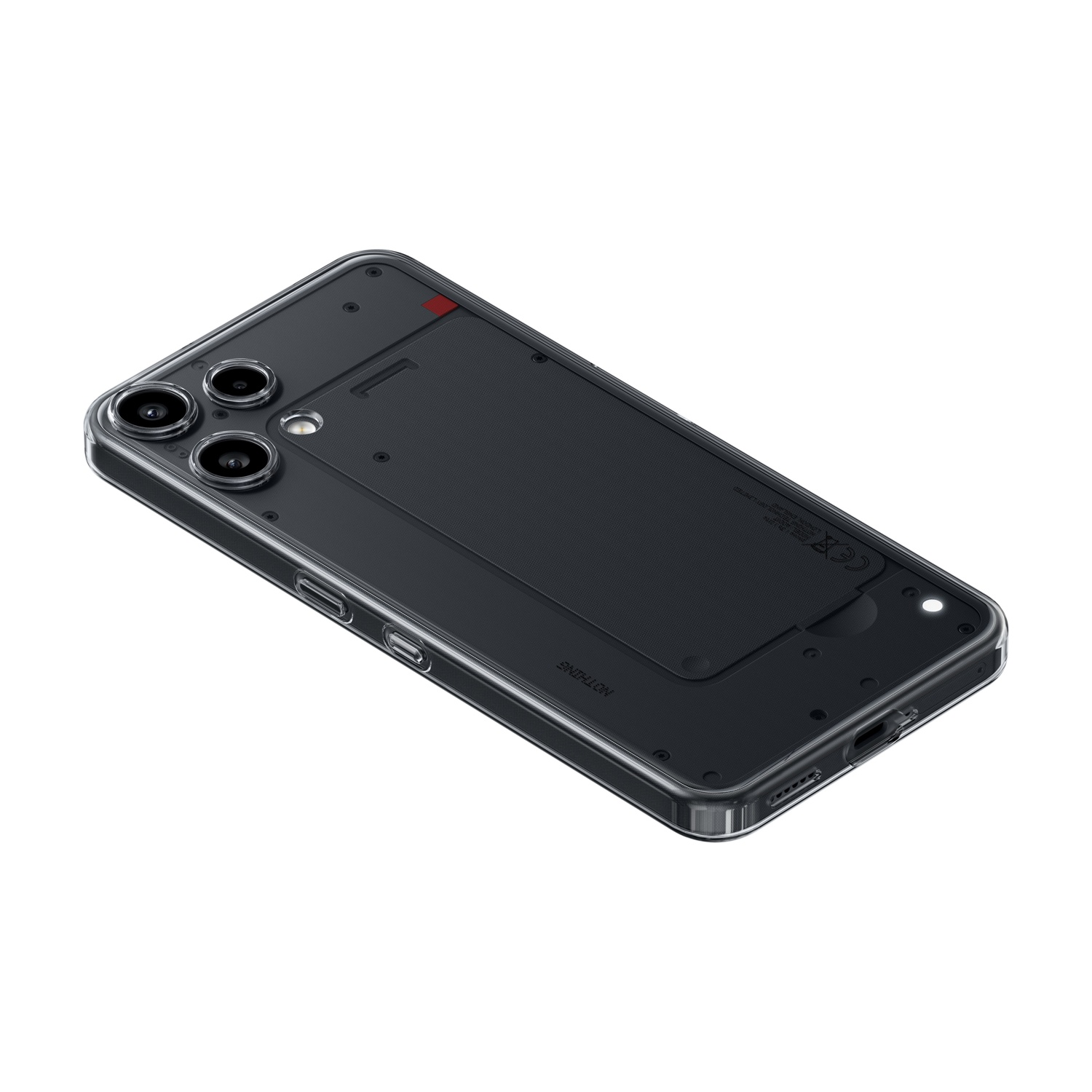 Retro di uno smartphone nero con cover protettiva trasparente e tre obiettivi.