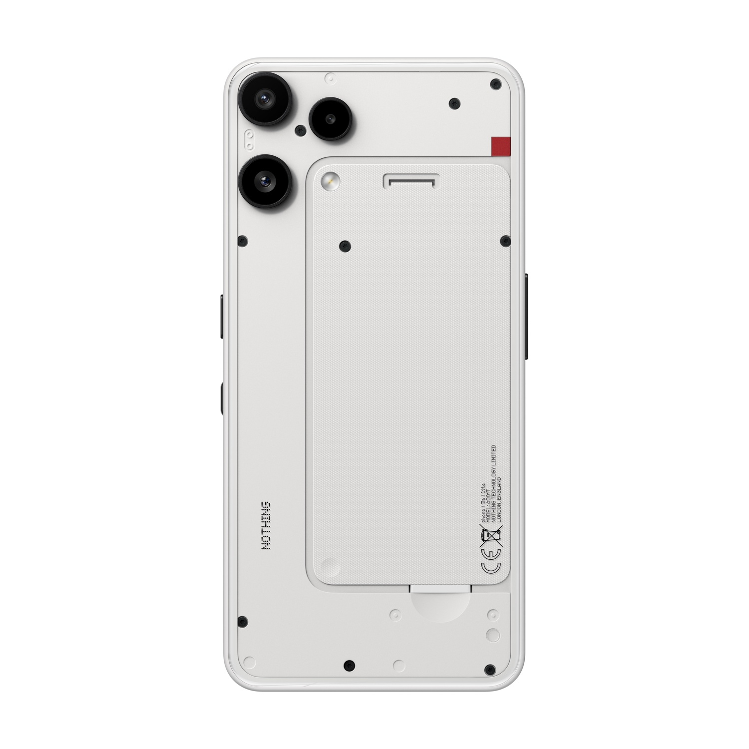 Retro di uno smartphone bianco con due fotocamere e una cover rettangolare.