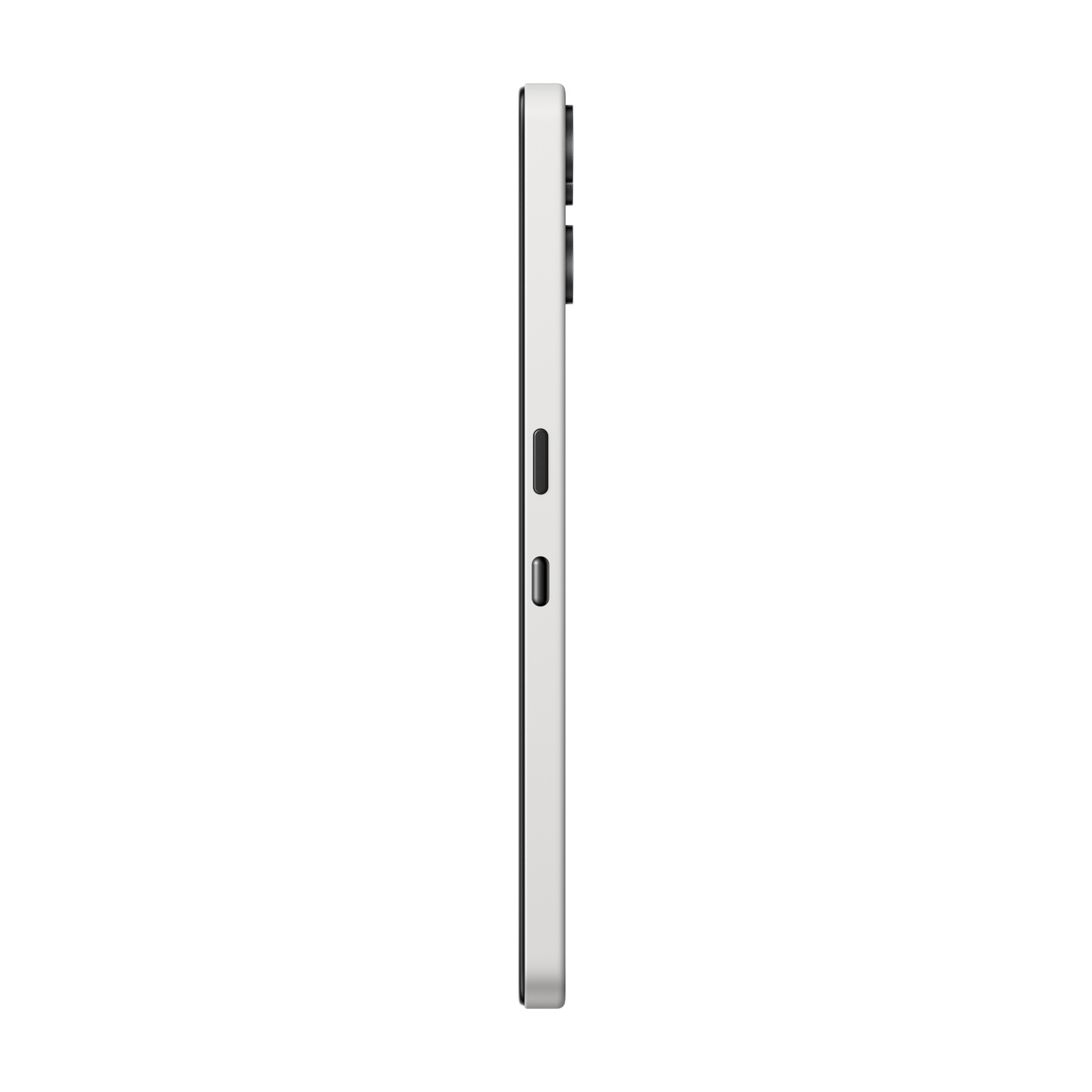 Vista laterale di uno smartphone bianco sottile con tasti fisici e modulo fotocamera su sfondo bianco.