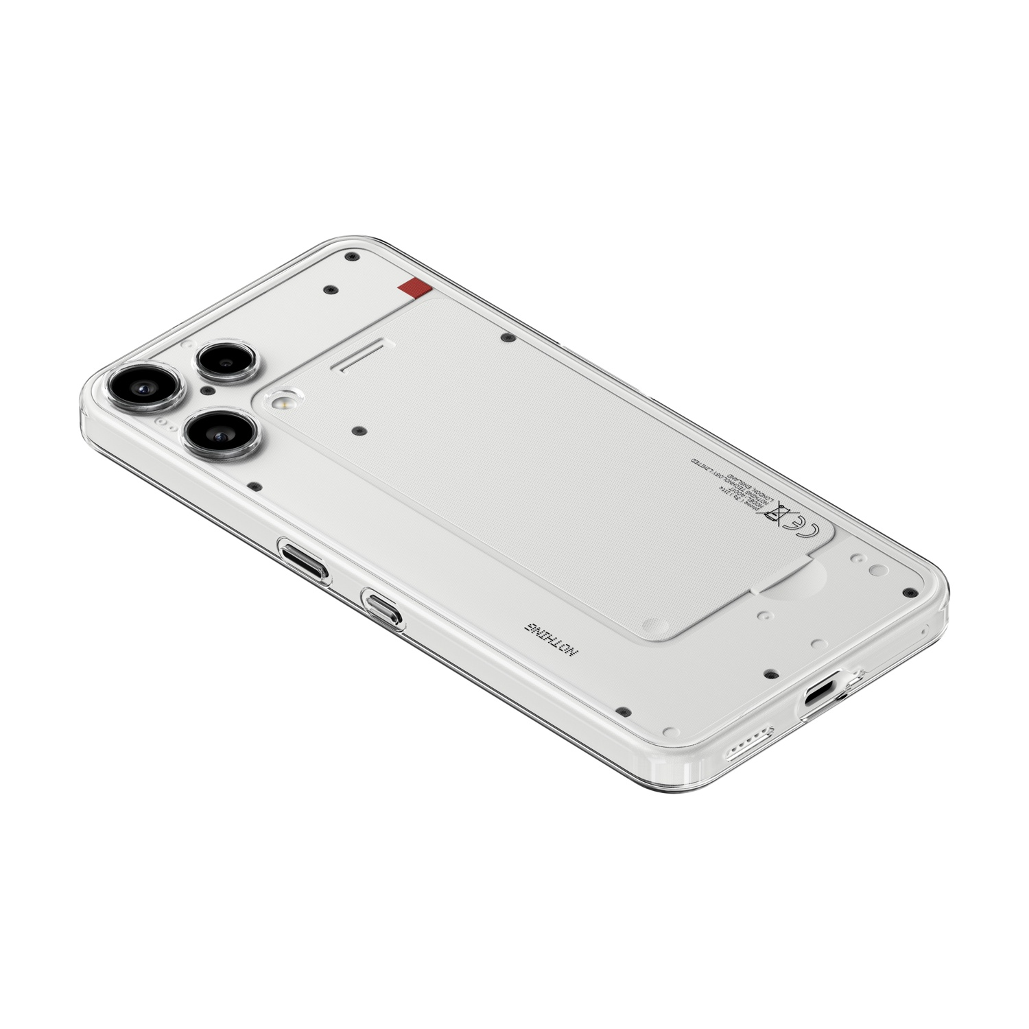 Vista posteriore di uno smartphone bianco in cover trasparente con tre fotocamere su sfondo bianco.