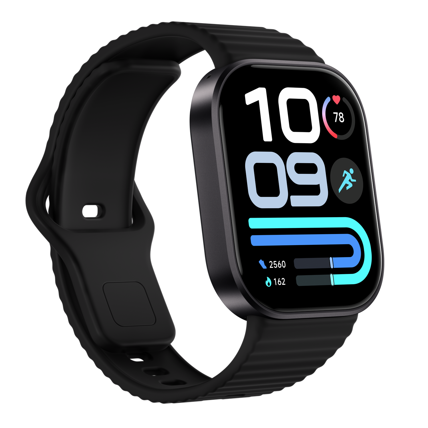 Reloj inteligente negro con pantalla rectangular, frecuencia cardíaca y podómetro sobre fondo negro.