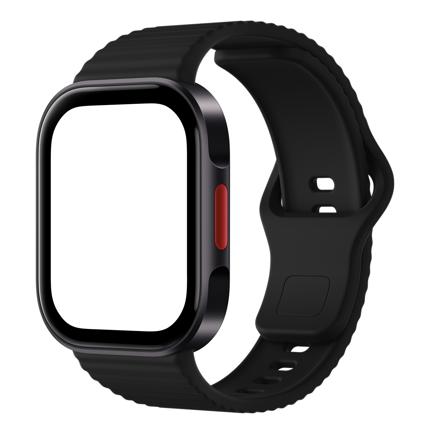 Un reloj inteligente negro con pantalla cuadrada, botón lateral rojo y correa de silicona negra sobre fondo negro.