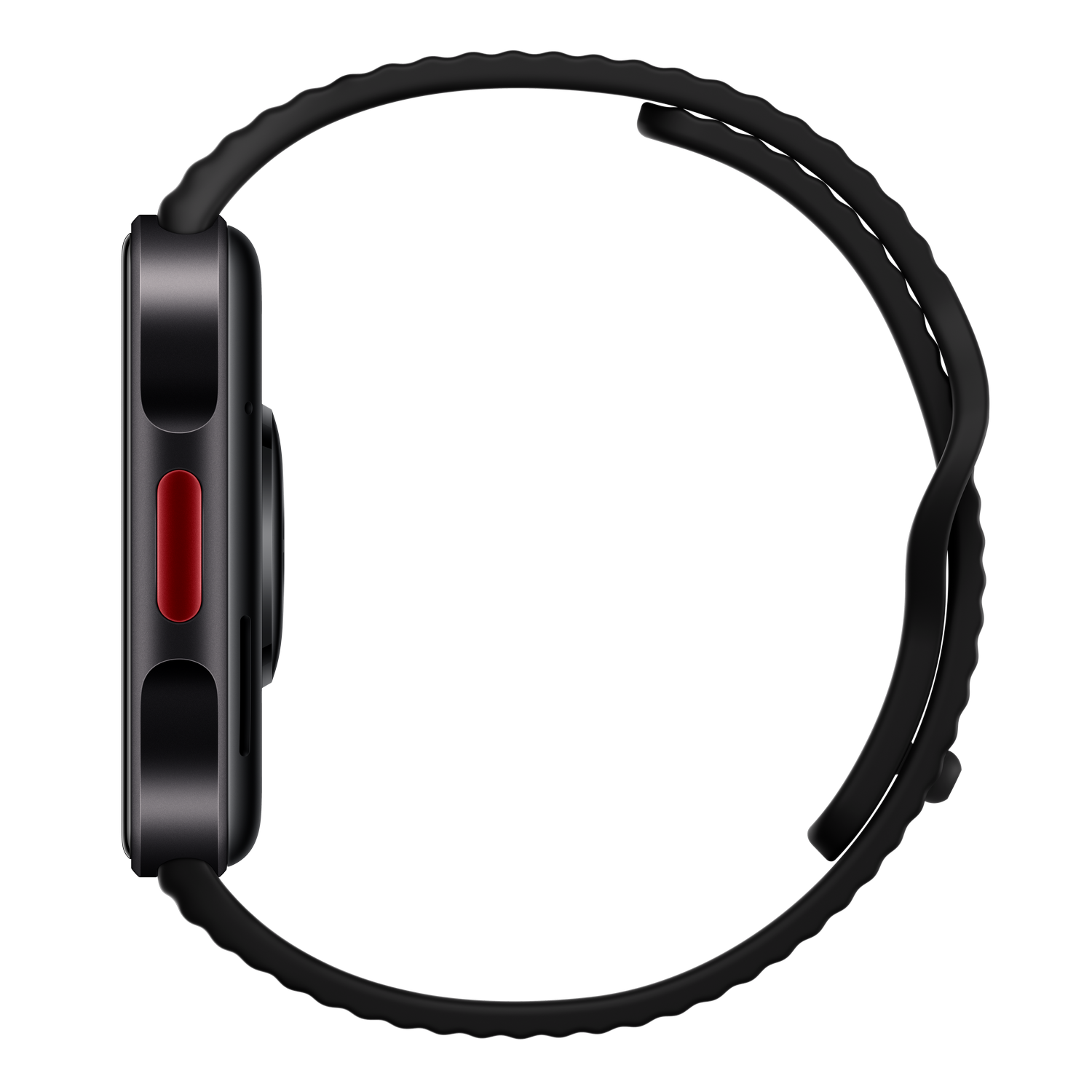 Reloj inteligente negro de perfil con un botón lateral rojo y correa negra sobre fondo negro.