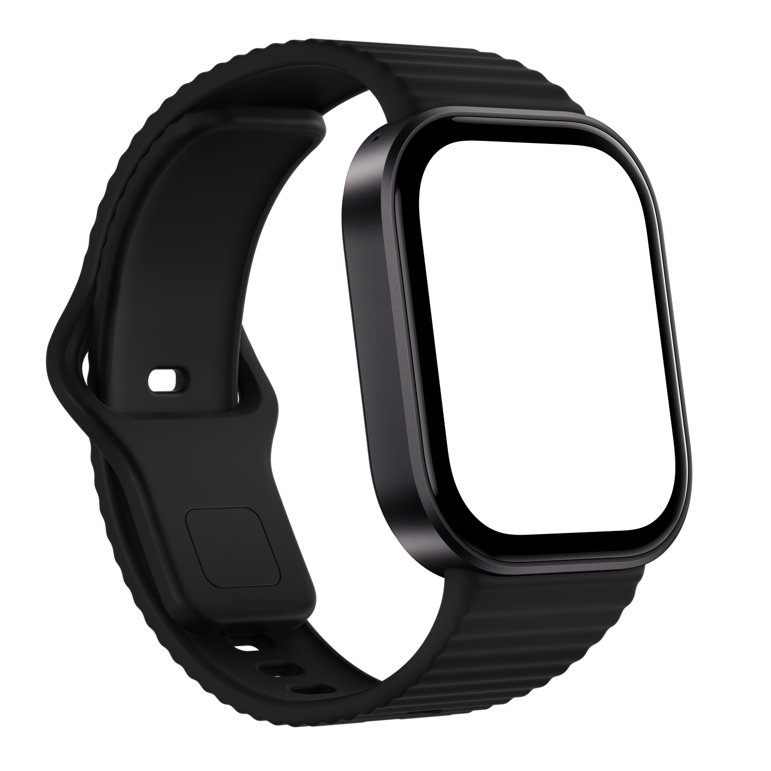 Un reloj inteligente negro con pantalla rectangular y correa texturizada sobre fondo oscuro.