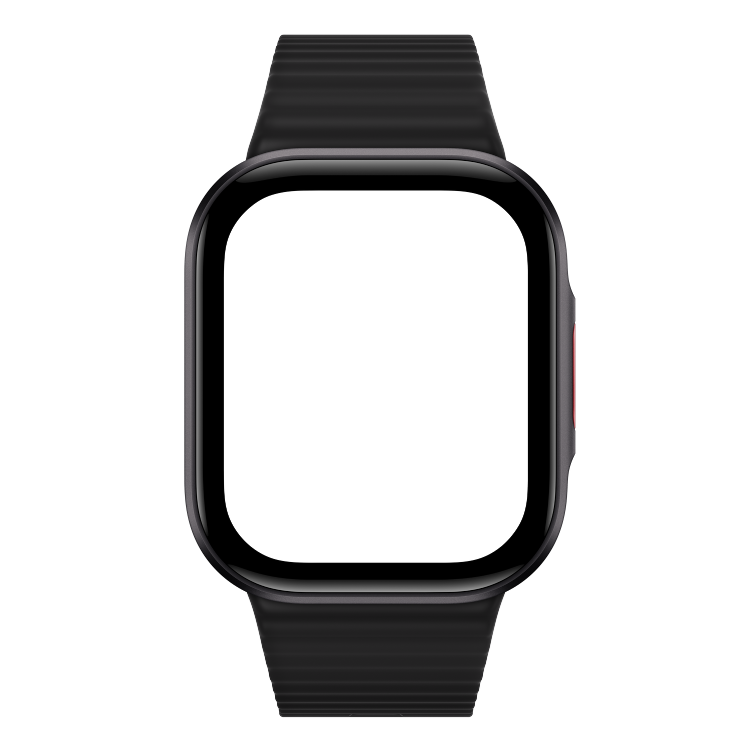 Smartwatch negro con pantalla cuadrada y correa estriada sobre fondo negro.