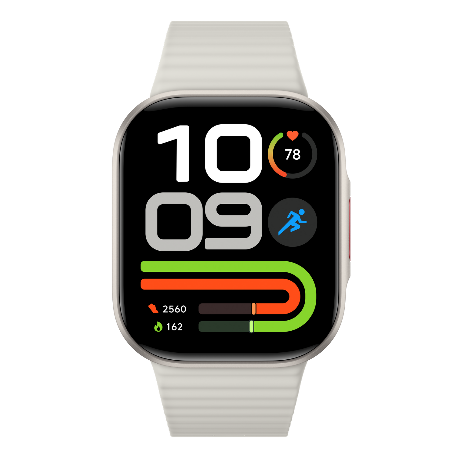 Un reloj inteligente blanco muestra la hora 10:09, frecuencia cardiaca, anillos de actividad y métricas.