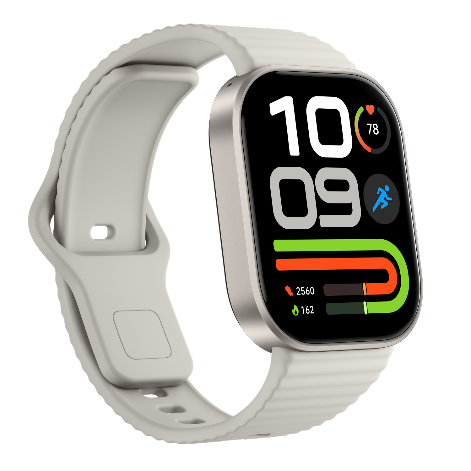 Un reloj inteligente blanco con pantalla rectangular muestra la hora 10:09 y datos de actividad sobre fondo negro.