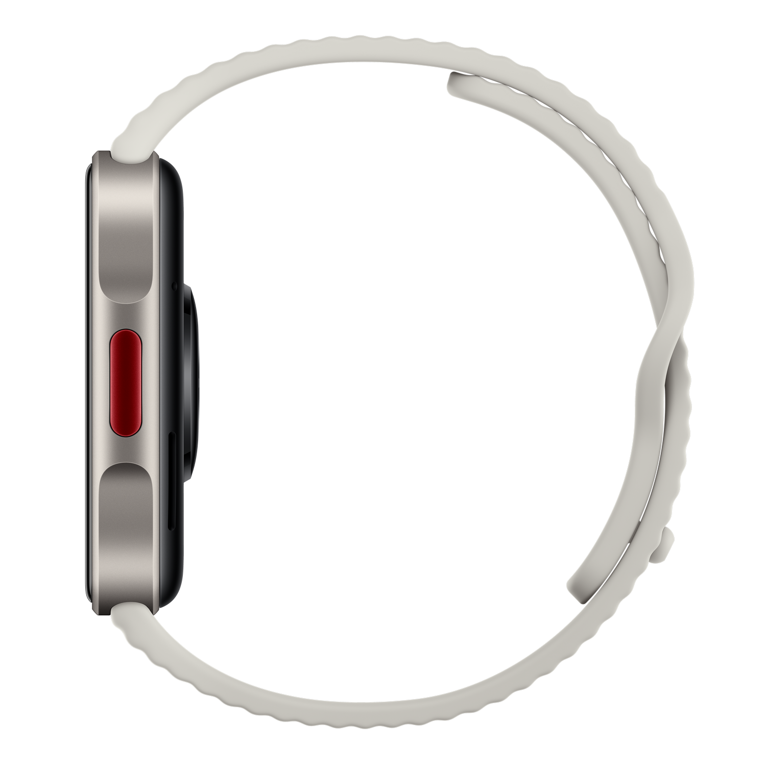 Un reloj inteligente con caja plateada, botón rojo y correa clara sobre fondo negro.