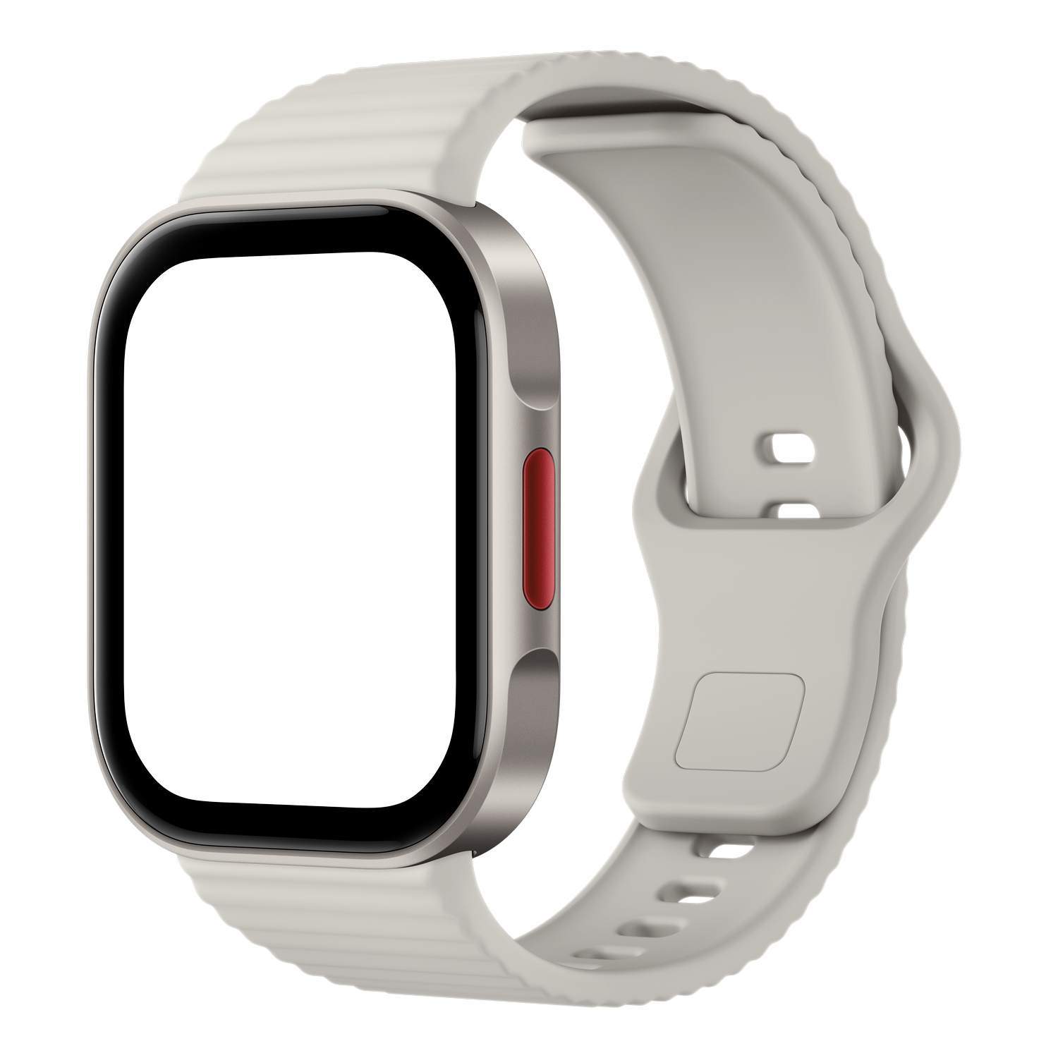 Un reloj inteligente blanco con pantalla rectangular, caja plateada y botón lateral rojo sobre fondo negro.