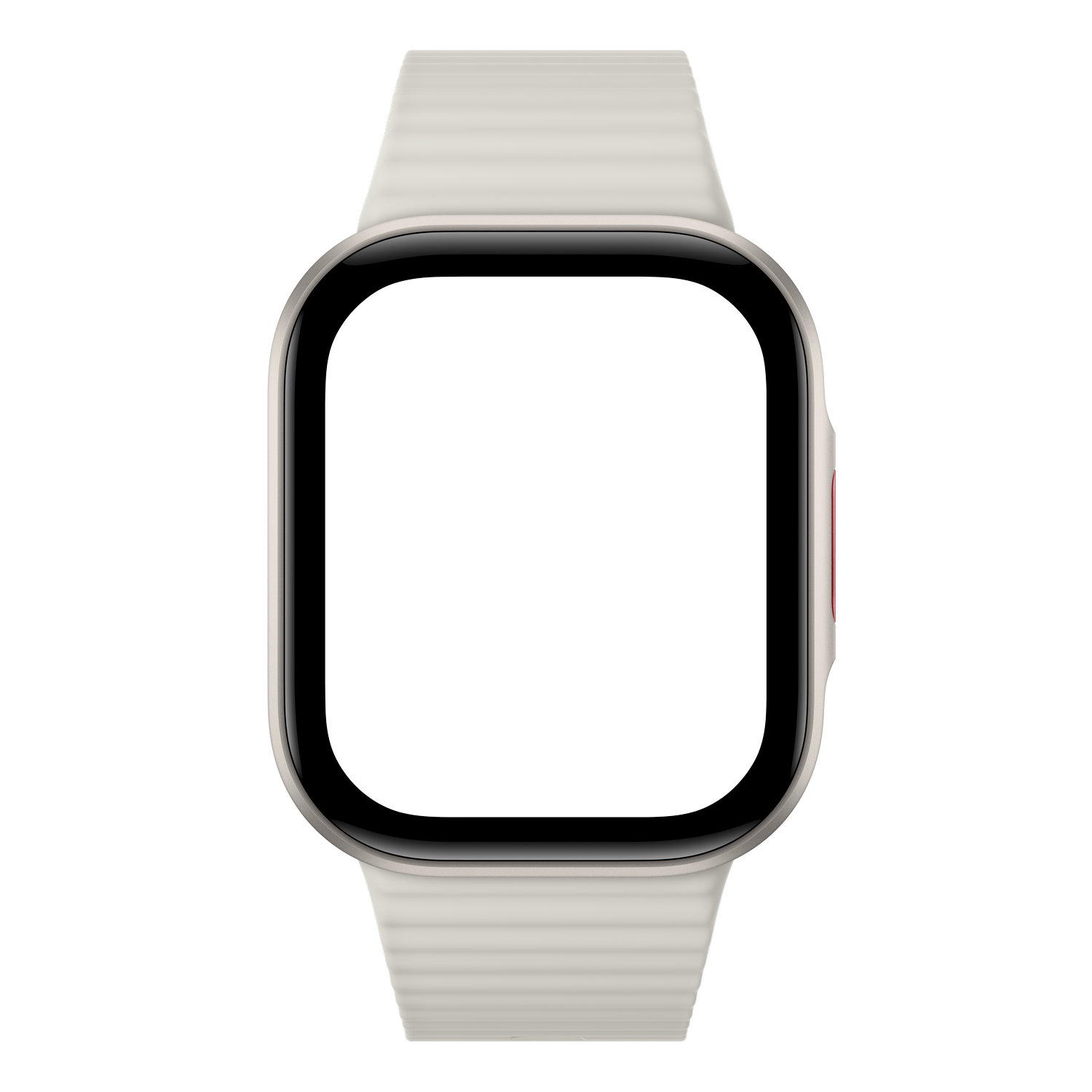 Un reloj inteligente blanco con una gran pantalla rectangular sobre fondo negro.