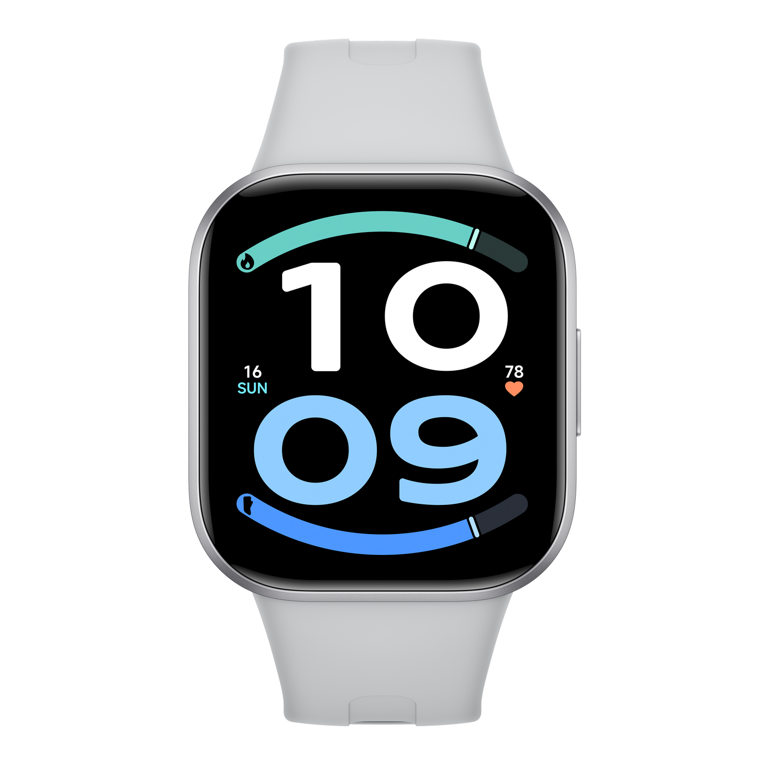 Un reloj inteligente con correa blanca muestra la hora digital 10:09 y anillos de actividad.