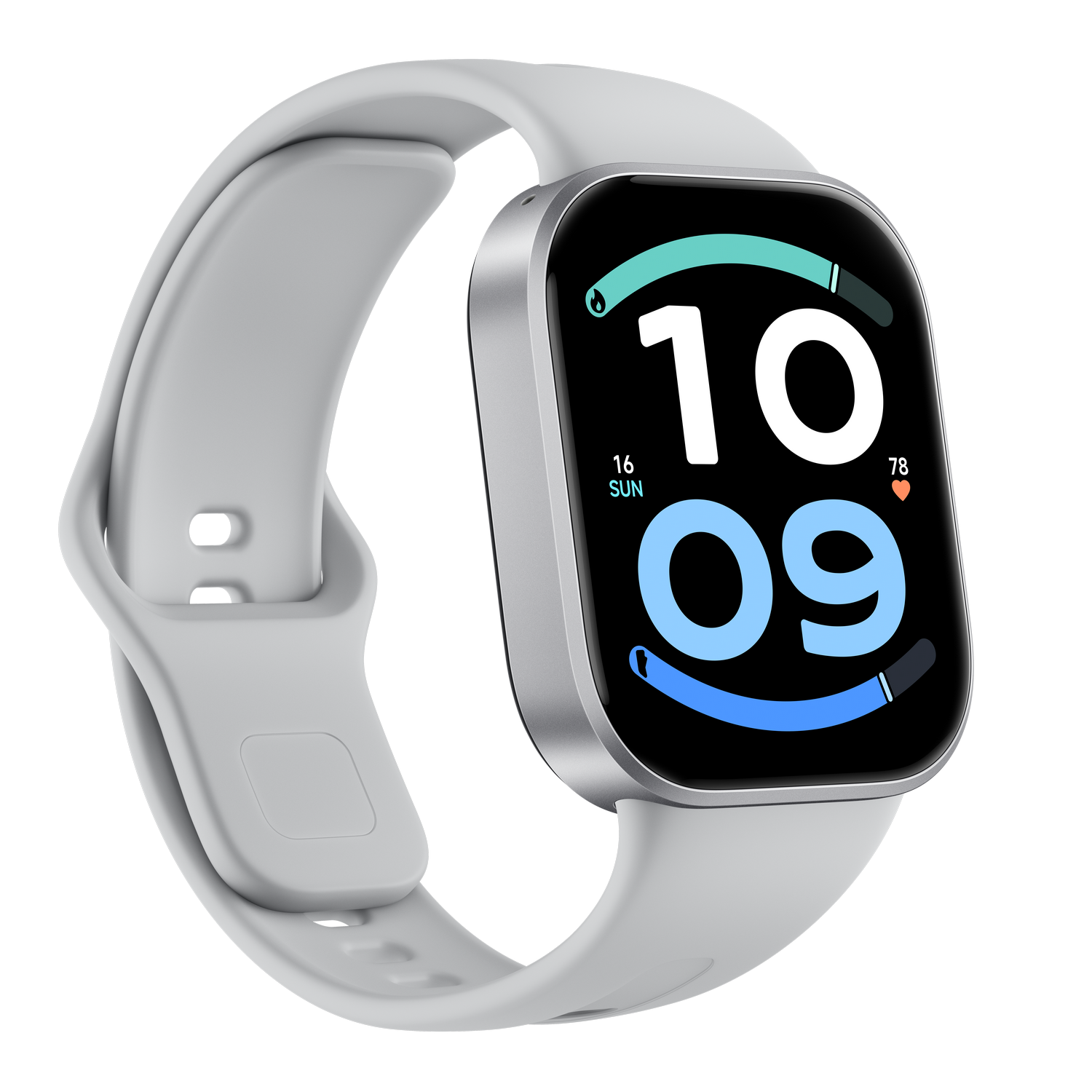 Un reloj inteligente plateado con correa de silicona blanca muestra las 10:09 en una pantalla negra.