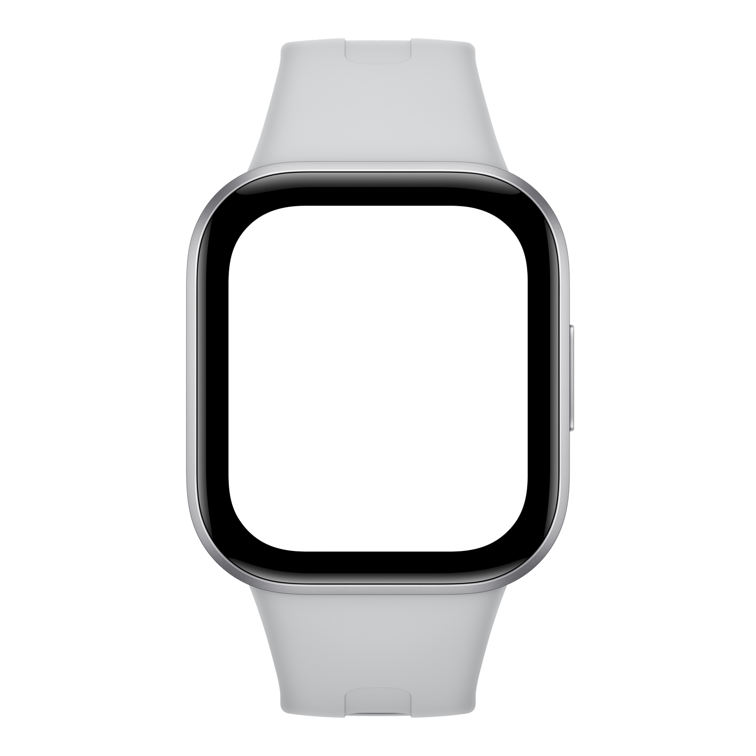 Un reloj inteligente blanco con pantalla cuadrada negra sobre fondo negro.