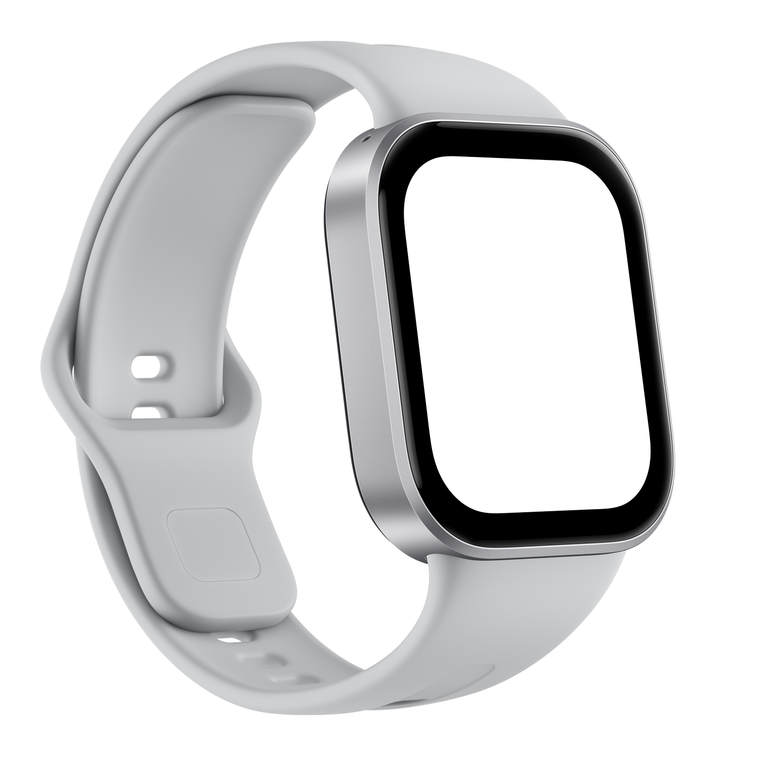 Un reloj inteligente blanco con pantalla rectangular y bisel plateado sobre fondo negro.