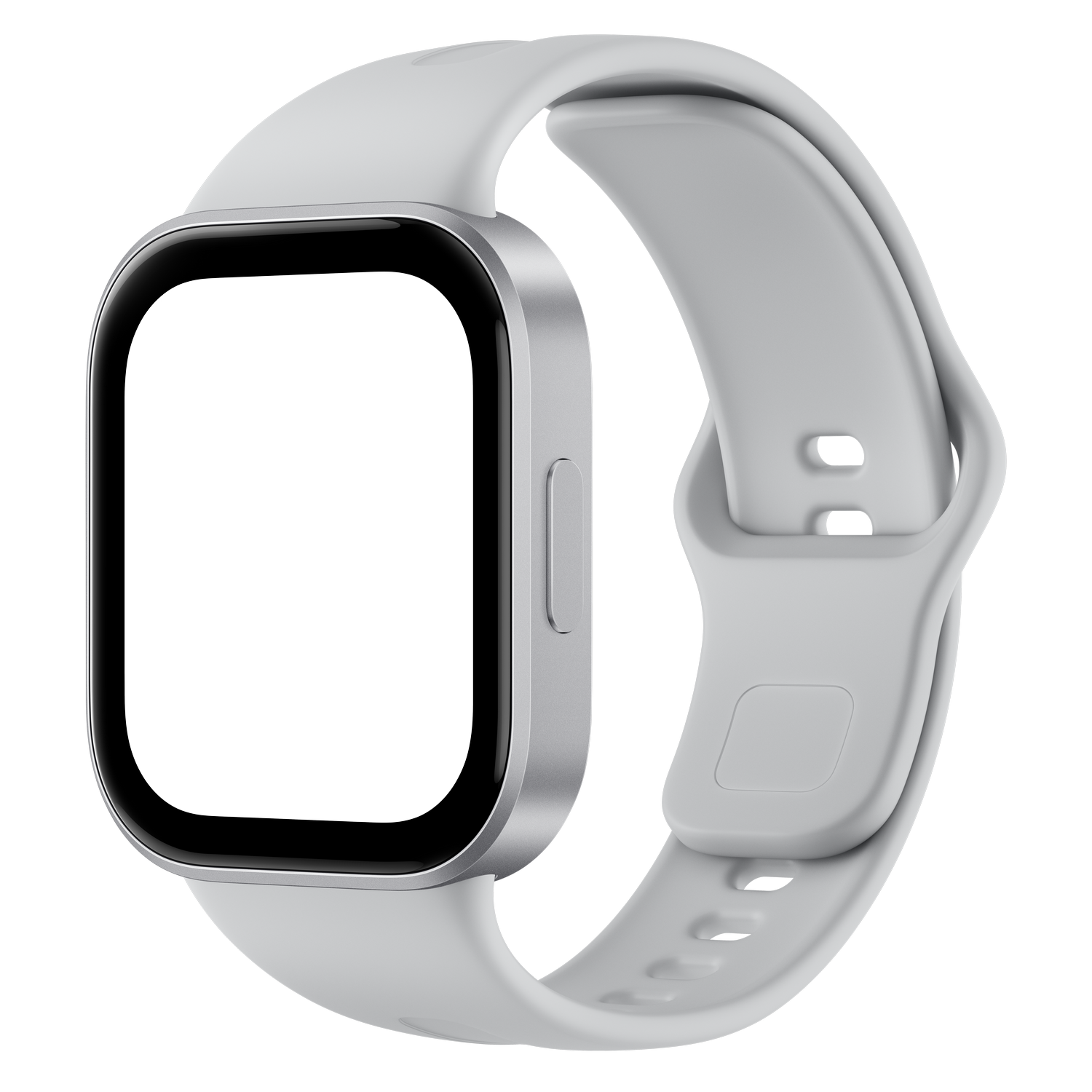 Un reloj inteligente blanco con pantalla rectangular y bisel plateado sobre fondo negro.