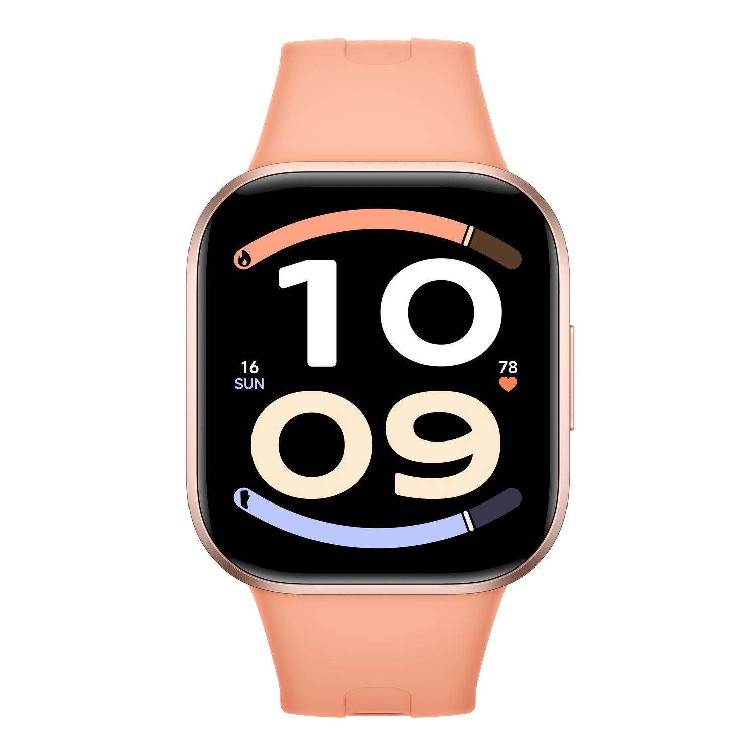 Reloj inteligente color melocotón con pantalla negra y gran visualización digital de la hora, fecha y frecuencia cardíaca.