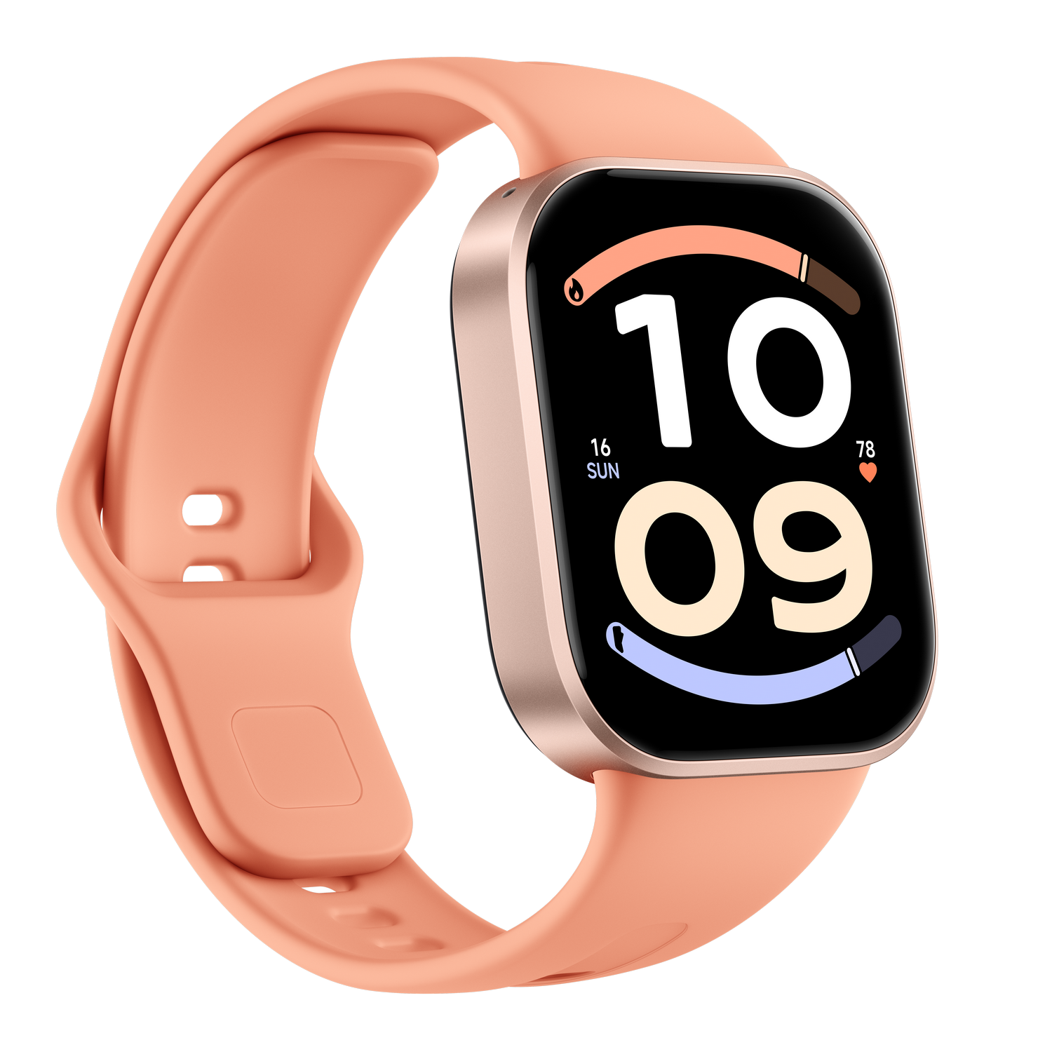 Un reloj inteligente dorado con correa de silicona color melocotón muestra la hora 10:09 sobre un fondo negro.
