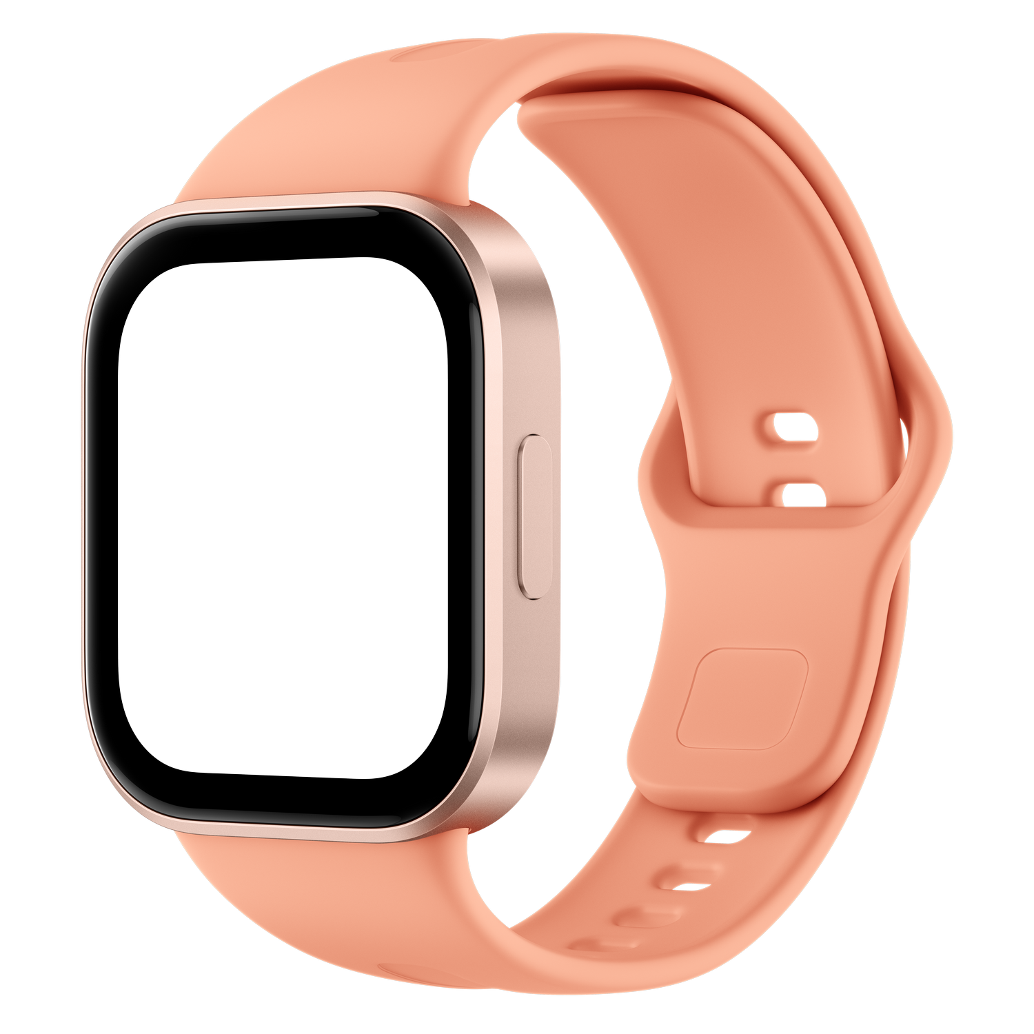 Un reloj inteligente de oro rosa con una correa de silicona color melocotón sobre fondo negro.