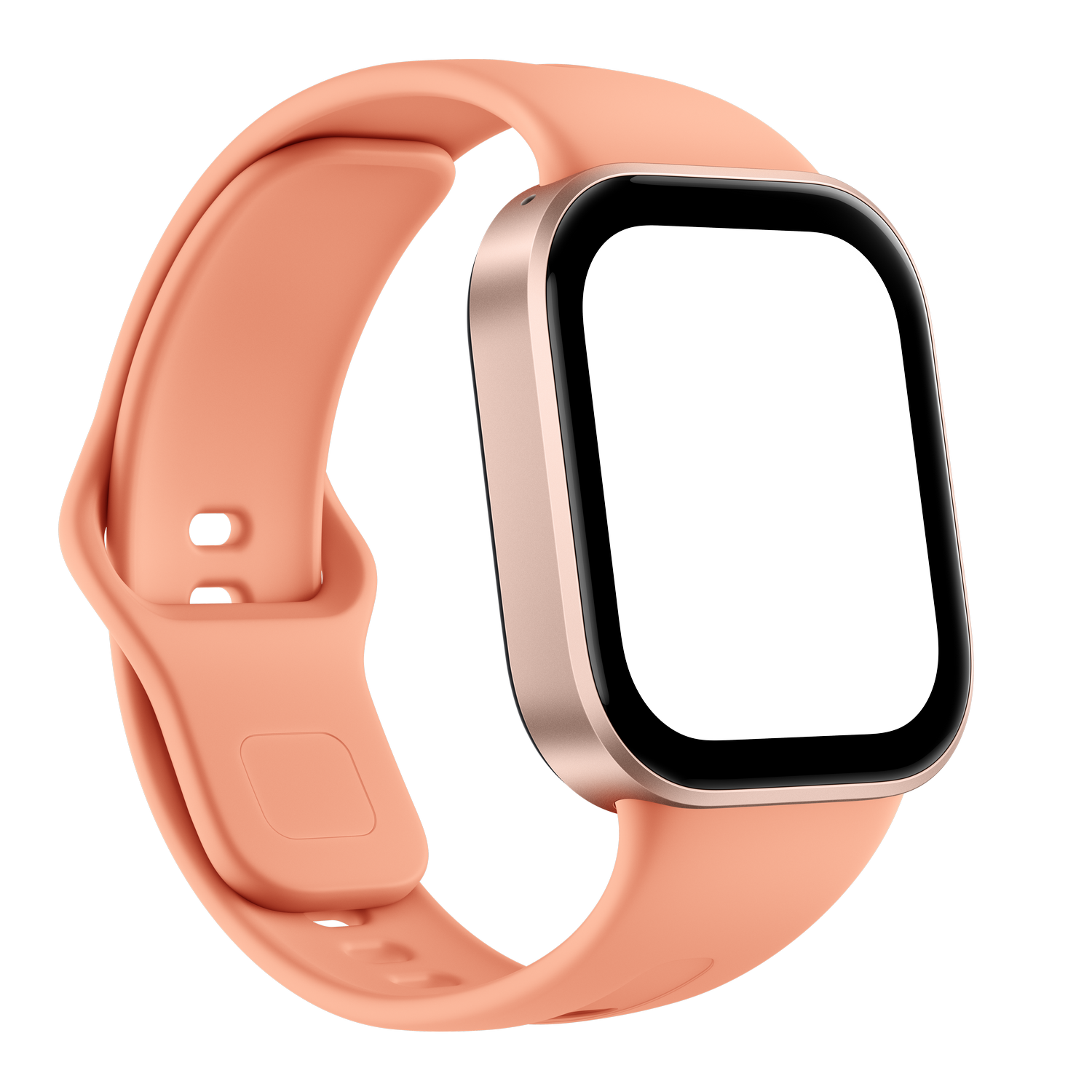 Un reloj inteligente rosa con caja cuadrada y pantalla negra sobre fondo negro.
