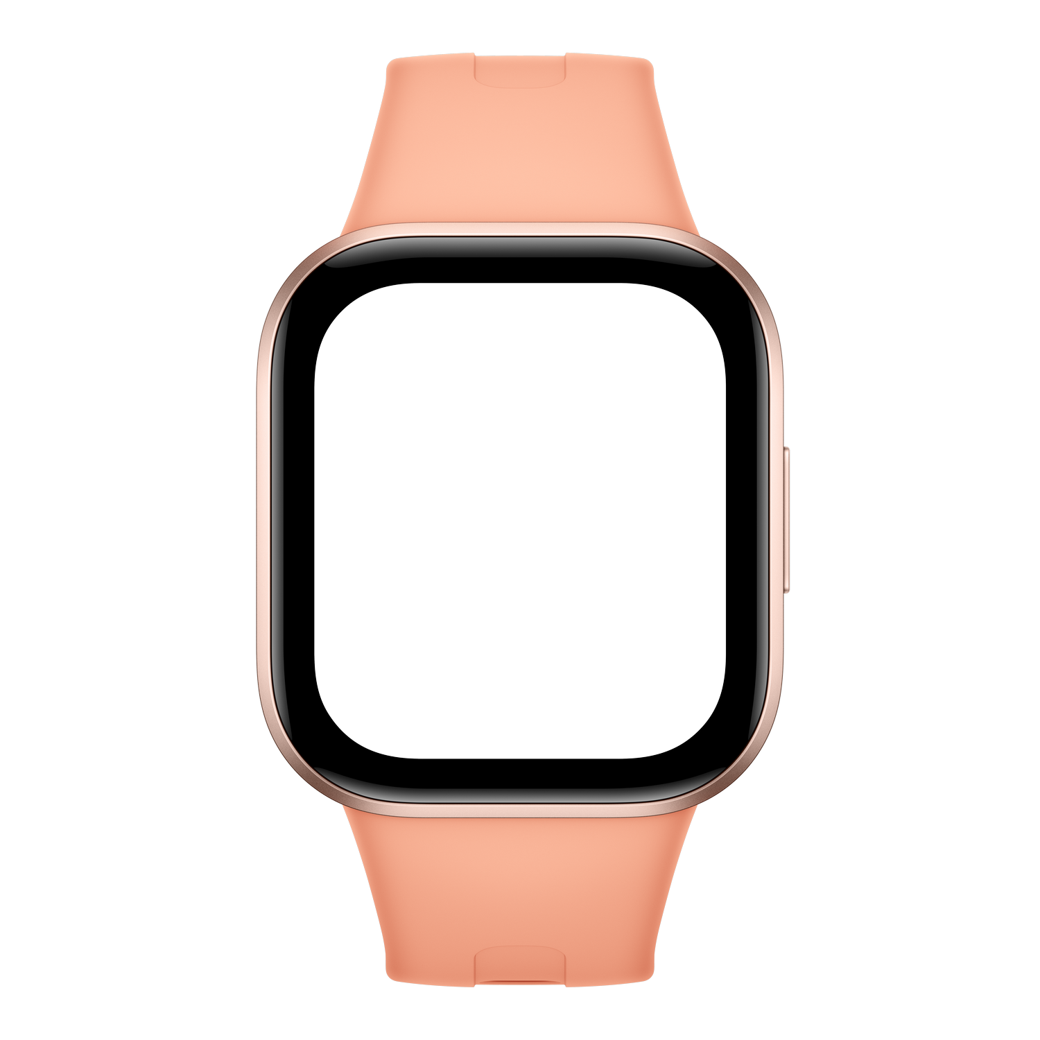 Un reloj inteligente rosa con caja cuadrada y pantalla negra sobre fondo negro.