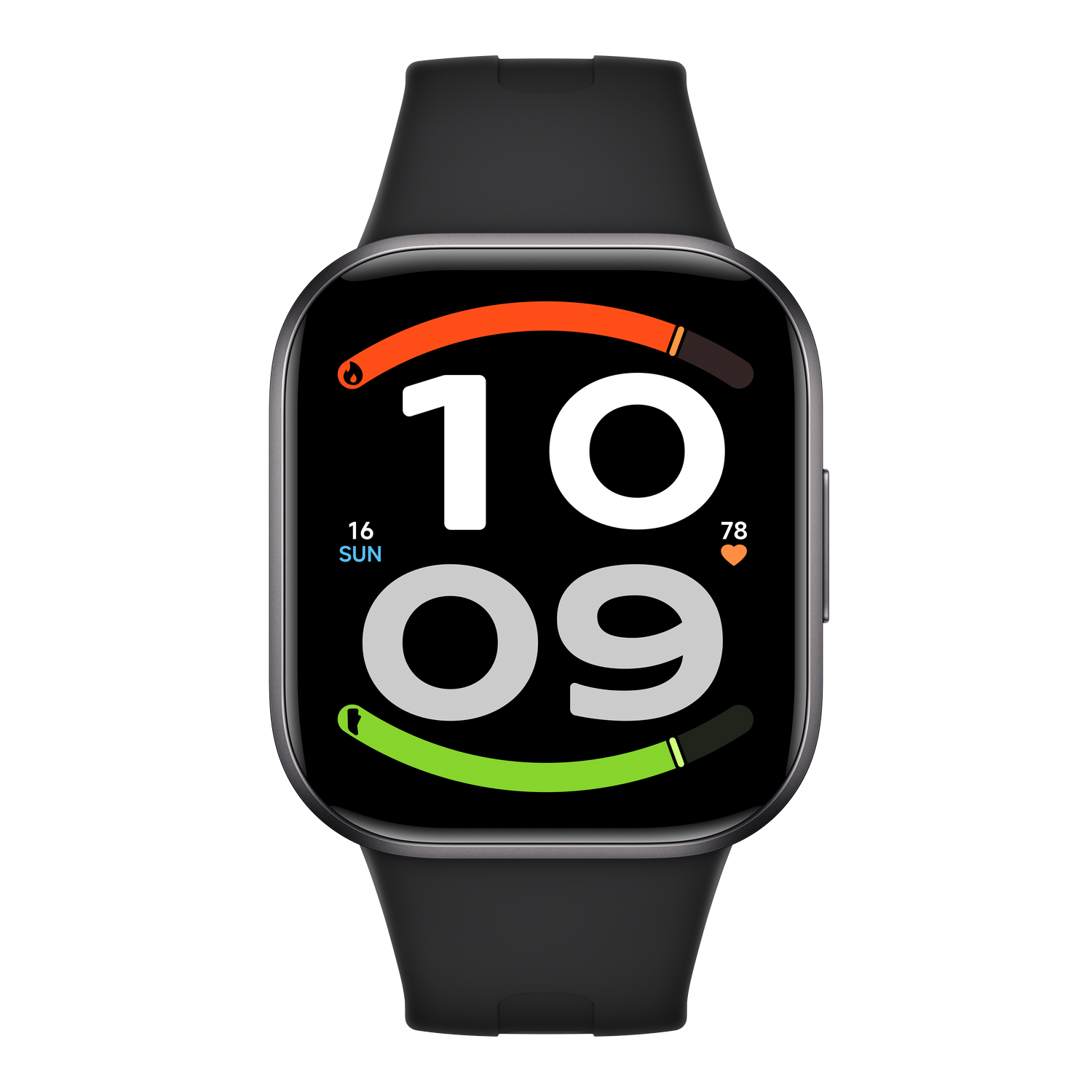 Un reloj inteligente negro que muestra la hora 10:09, anillos de actividad y fecha sobre un fondo negro.