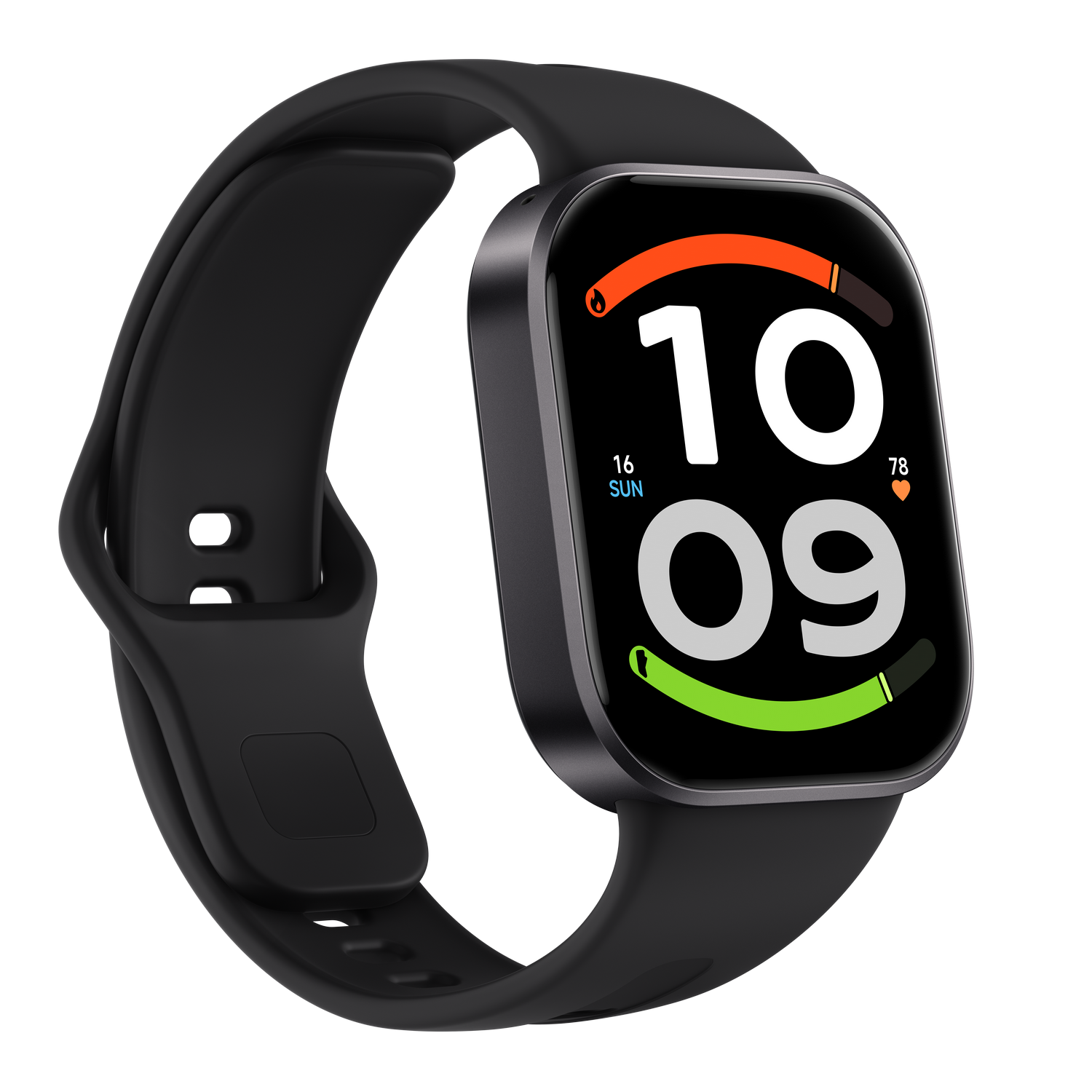 Un reloj inteligente negro con pantalla digital que muestra 10:09, domingo 16 y anillos de actividad sobre fondo negro.